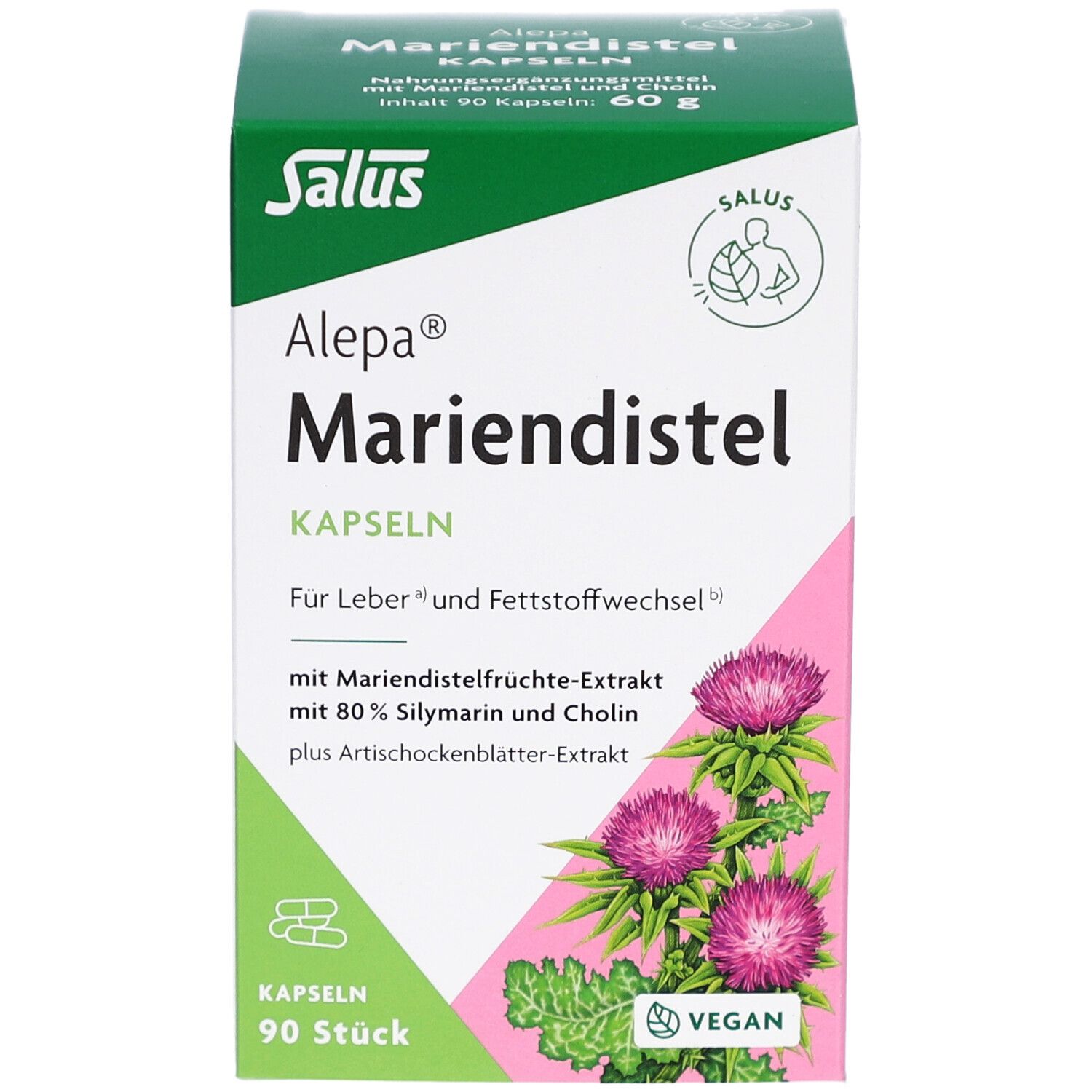 Salus Alepa Mariendistel Kapseln-Verpackung. Grüne und weiße Schachtel mit 90 Kapseln. Vegan-Siegel. Abbildung von Distelblüten.