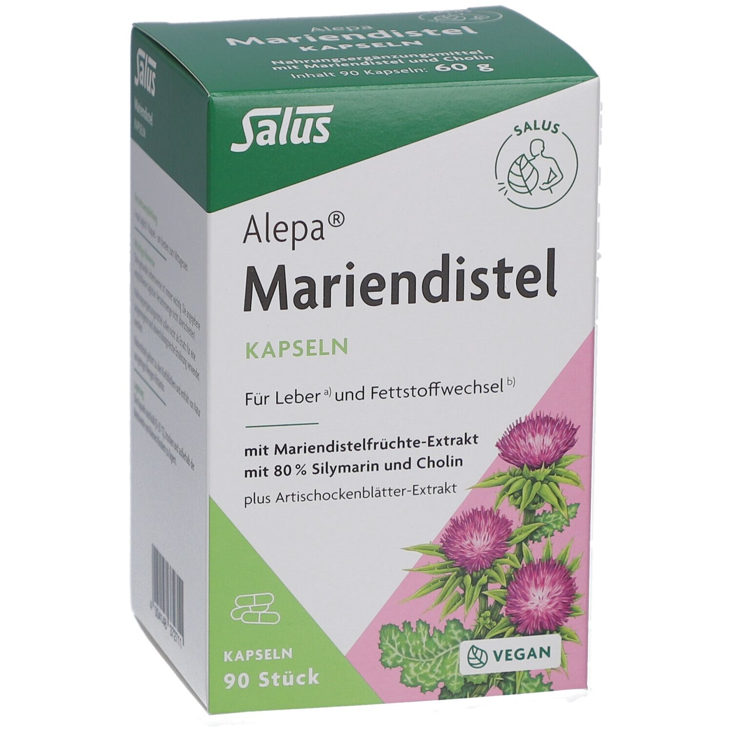 Salus Alepa Mariendistel Kapseln-Verpackung. Grüne und weiße Schachtel. Enthält 90 Kapseln. Vegan-Siegel. Distelblüten-Illustration.
