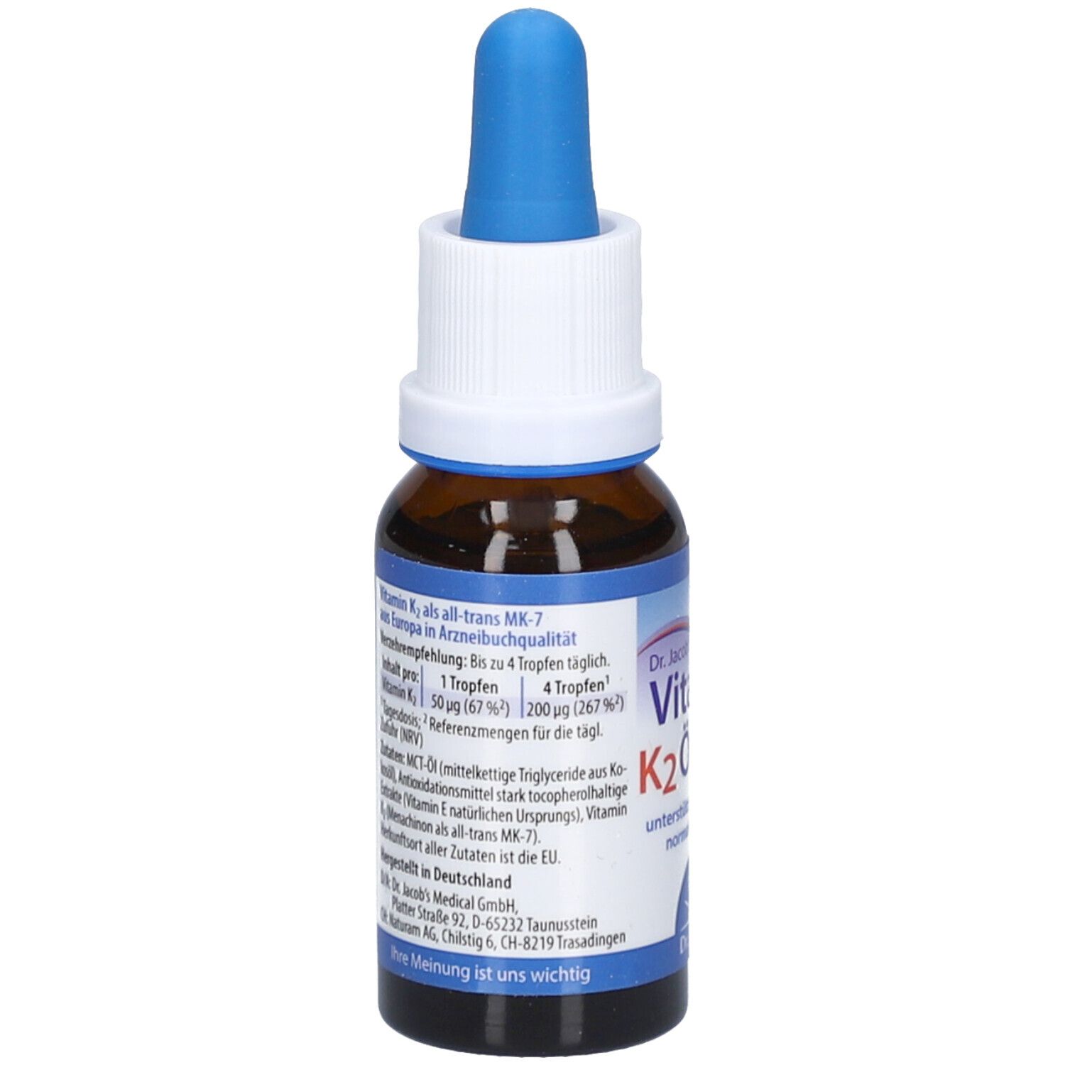 Braune Glasflasche mit blauem Tropfer. Aufschrift: Vitamin K2 Öl forte, Dr. Jacob's. Text mit Inhaltsstoffen und Dosierung.
