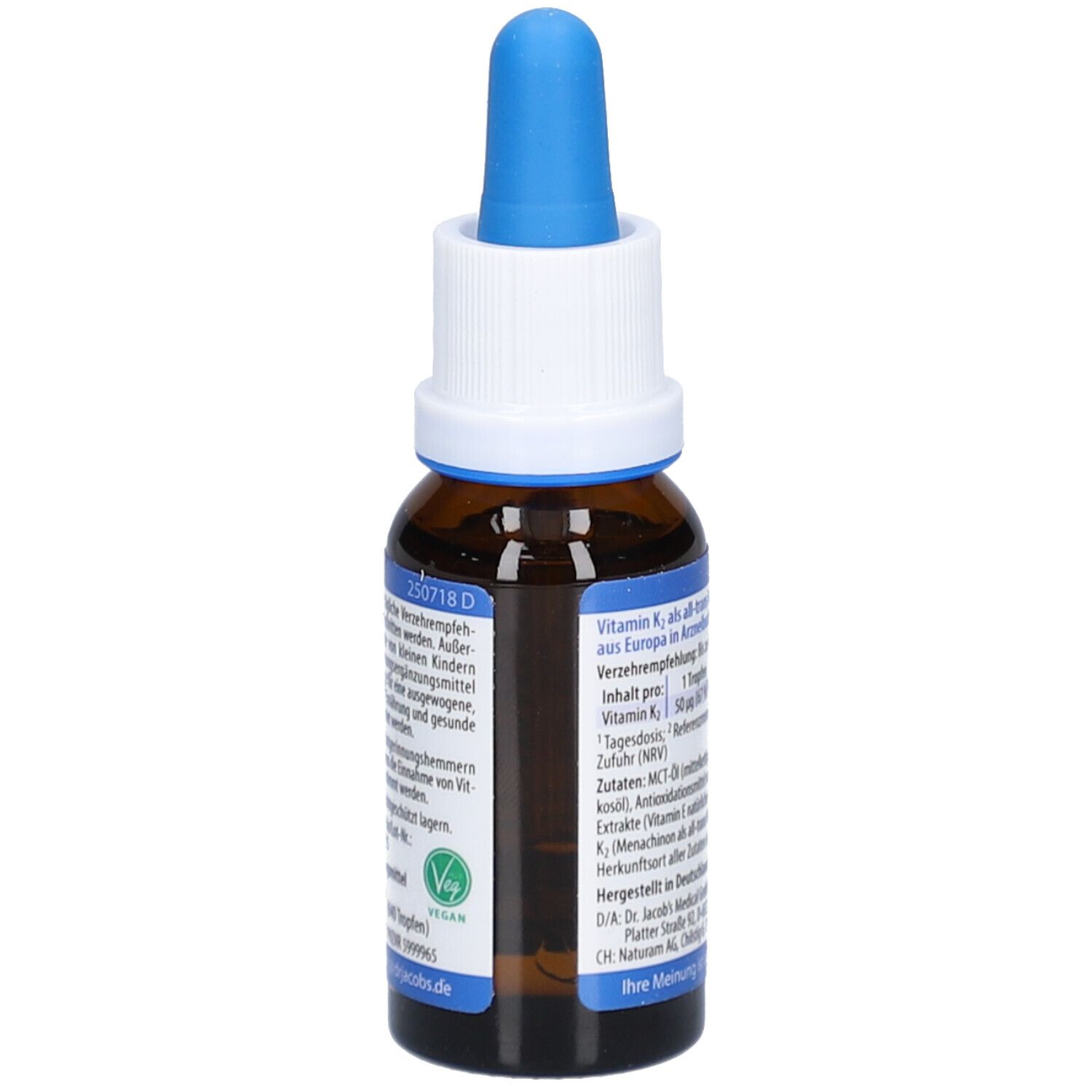 Braune Glasflasche mit blauem Tropfer. Aufschrift: Vitamin K2 Öl forte, Dr. Jacob's. Vegan-Siegel.