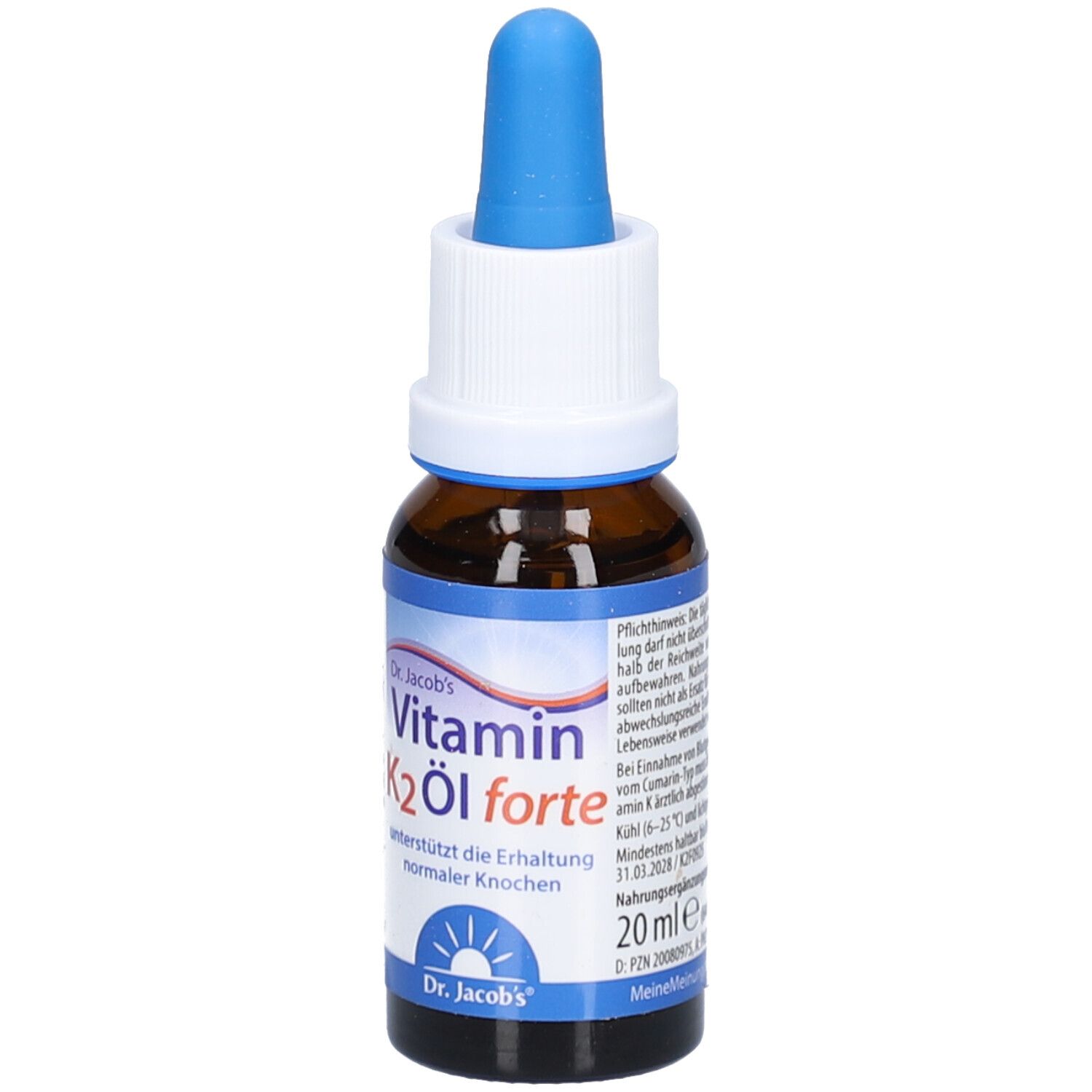 Braune Glasflasche mit blauem Tropfer. Aufschrift: Vitamin K2 Öl forte, Dr. Jacob's. 20 ml Flasche.