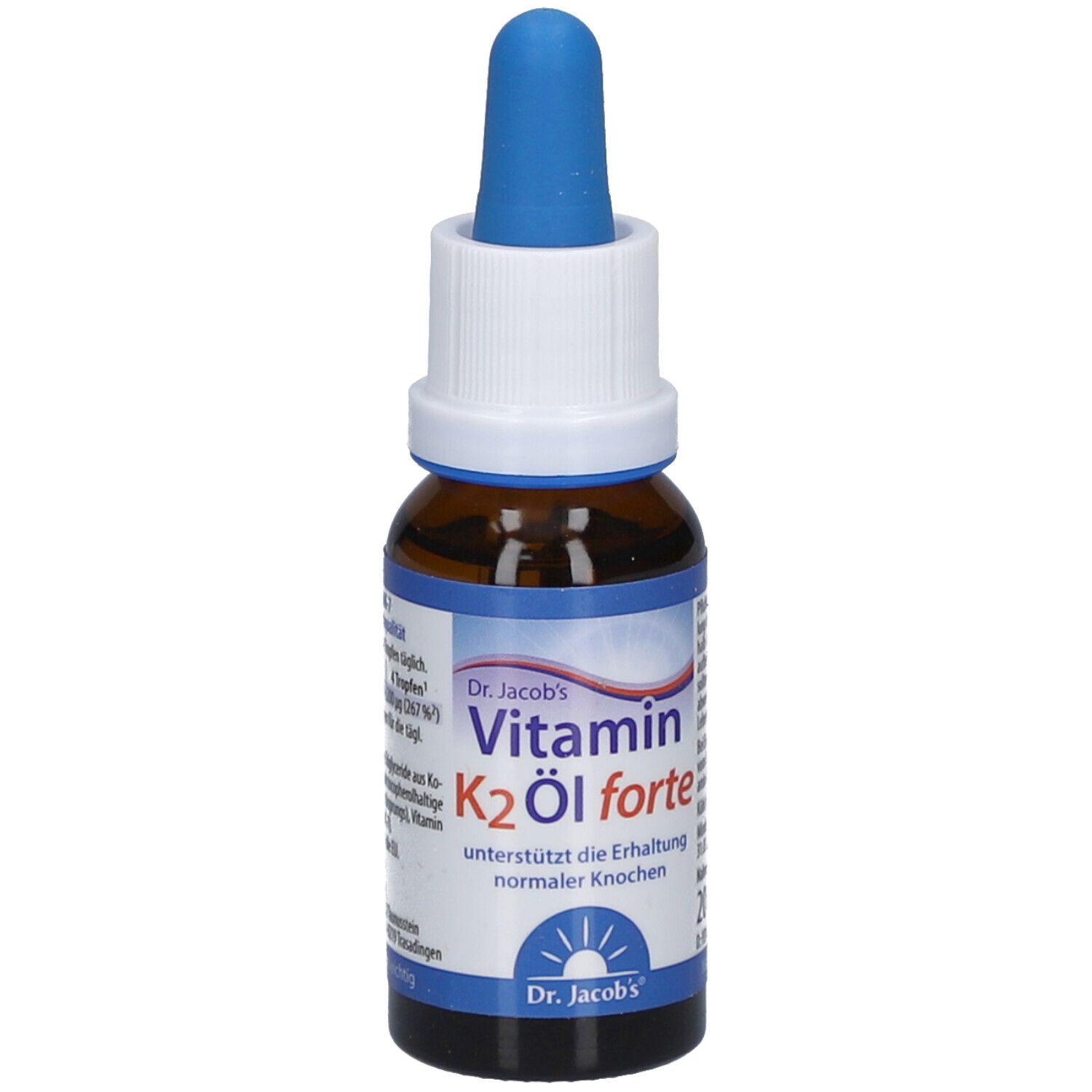 Braune Glasflasche mit blauem Tropfer. Aufschrift: Vitamin K2 Öl forte, Dr. Jacob's. Produktansicht.