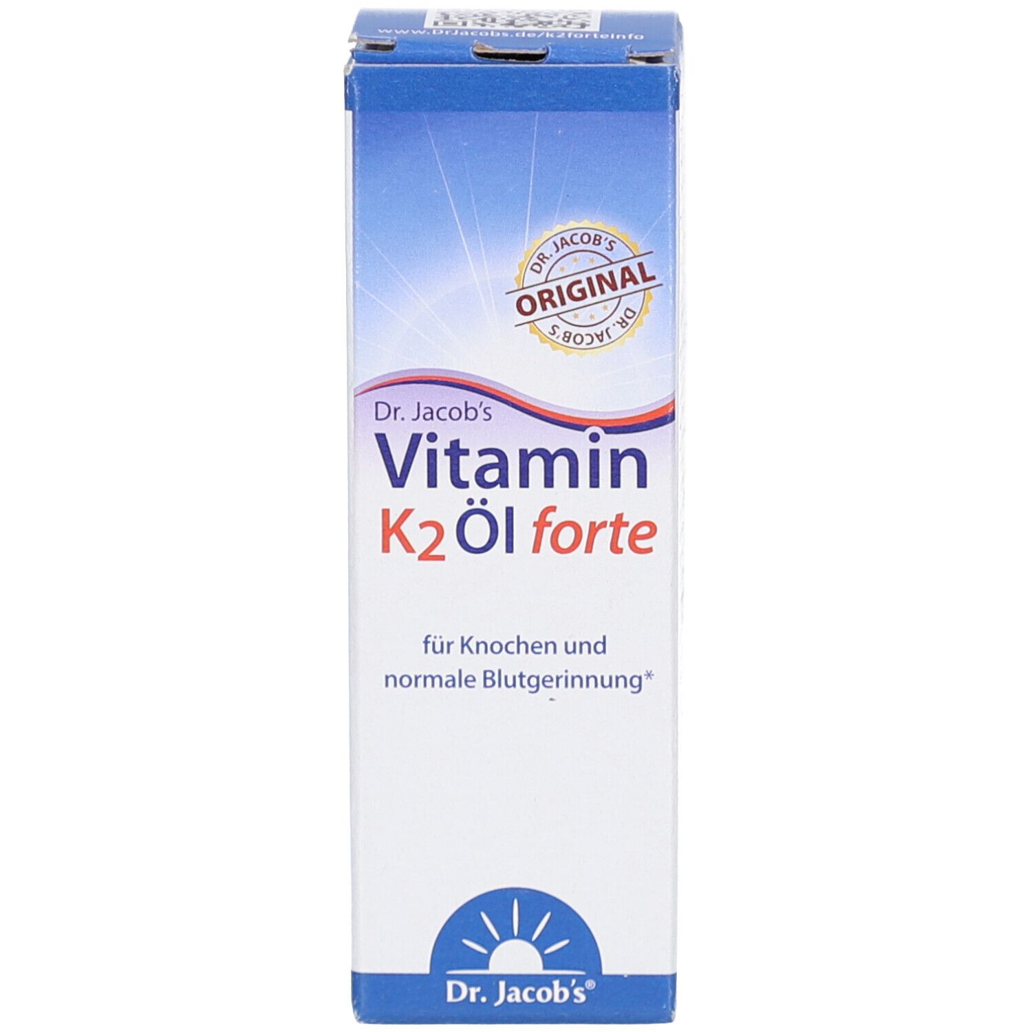 Kartonverpackung. Aufschrift: Vitamin K2 Öl forte, Dr. Jacob's. Für Knochen und normale Blutgerinnung.
