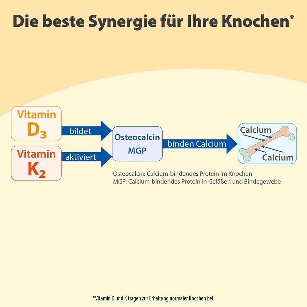Infografik: Vitamin D3 und K2 aktivieren Osteocalcin, bindet Calcium für gesunde Knochen.