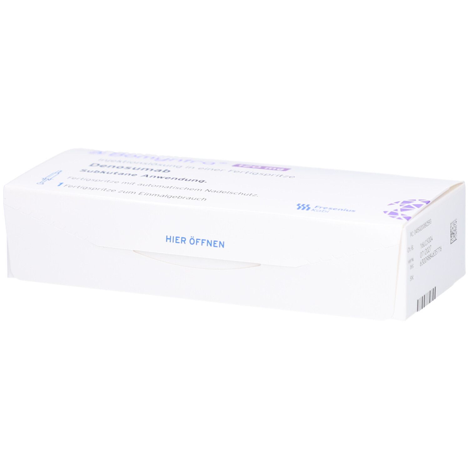 Weiße Kartonverpackung. Aufschrift: BOMYNTRA, Denosumab, Fertigspr. mit automatischem Nadelschutz. Text: HIER ÖFFNEN.