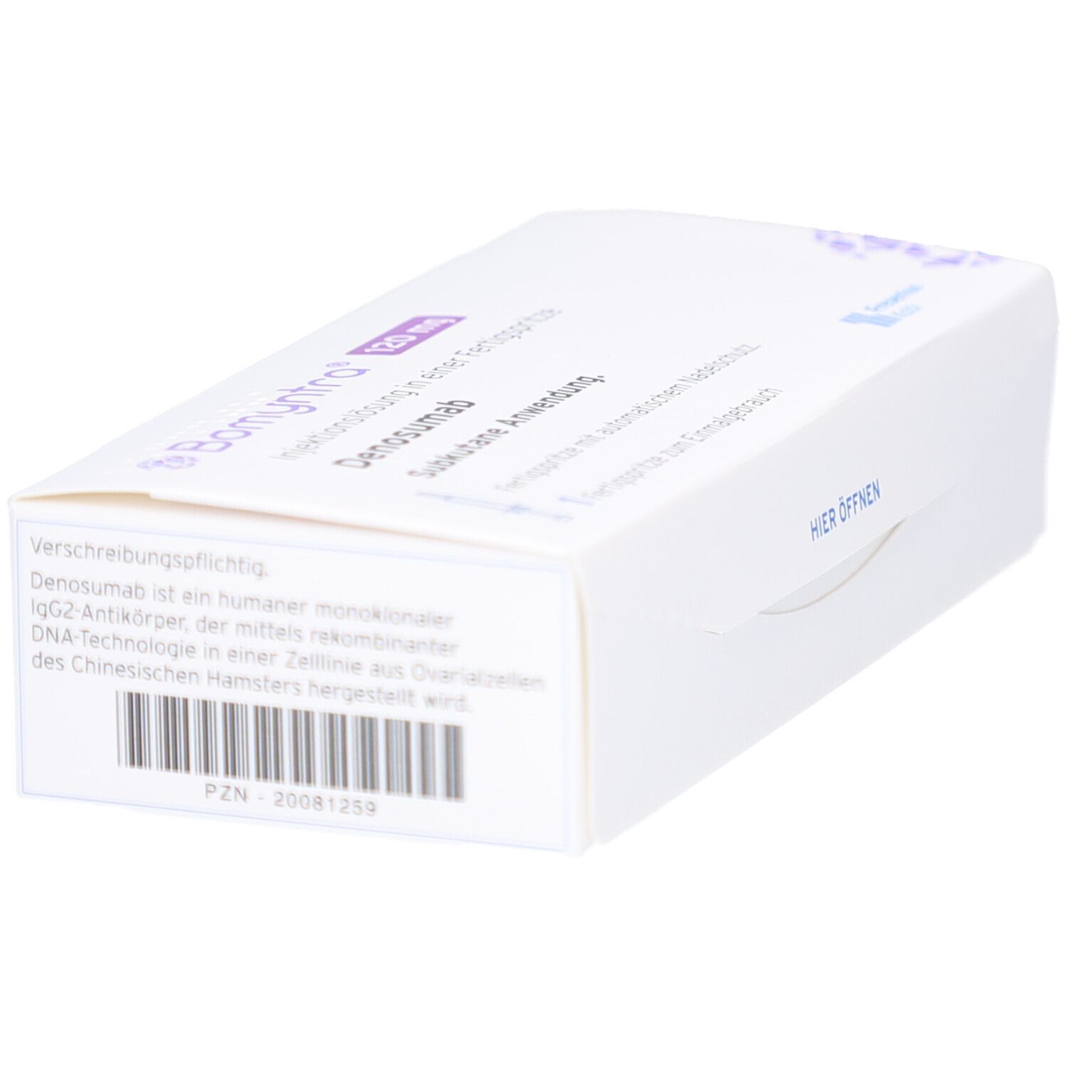 Weiße Kartonverpackung. Aufschrift: BOMYNTRA 120 mg, Denosumab. Barcode und Text: Verschreibungspflichtig.