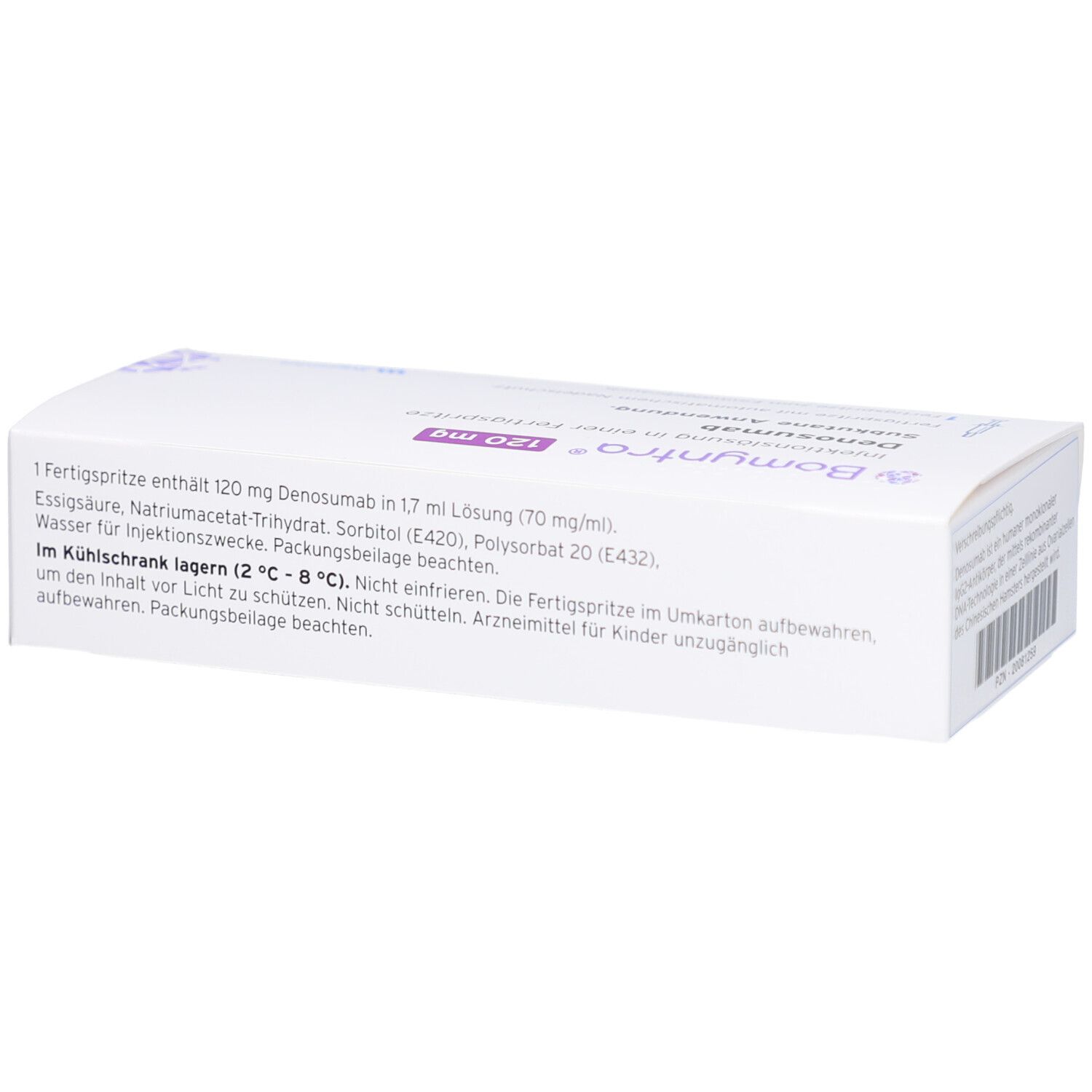 Weiße Kartonverpackung. Aufschrift: BOMYNTRA 120 mg. Text: 1 Fertigspritze enthält 120 mg Denosumab. Kühl lagern.