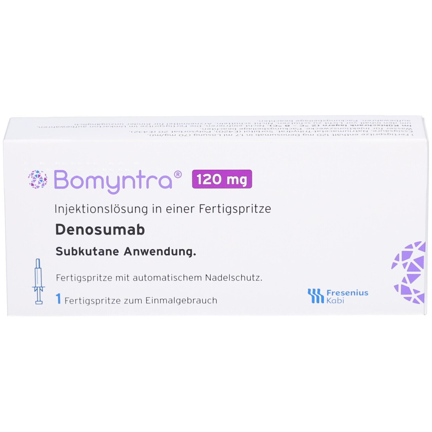 Weiße Kartonverpackung. Aufschrift: BOMYNTRA 120 mg, Injektionslösung. Denosumab. 1 Fertigspritze zum Einmalgebrauch.