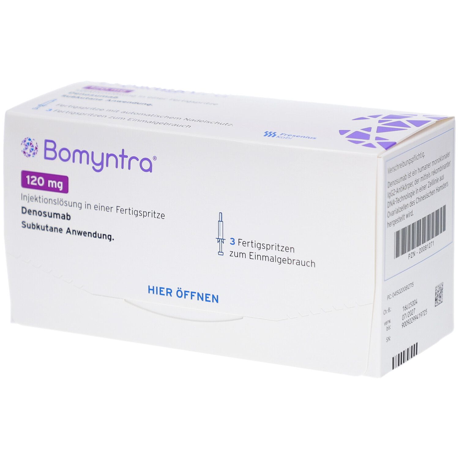 Weiße Schachtel mit Bomyntra 120 mg Injektionslösung. Enthält 3 Fertigspritzen. Aufschrift: Hier öffnen.