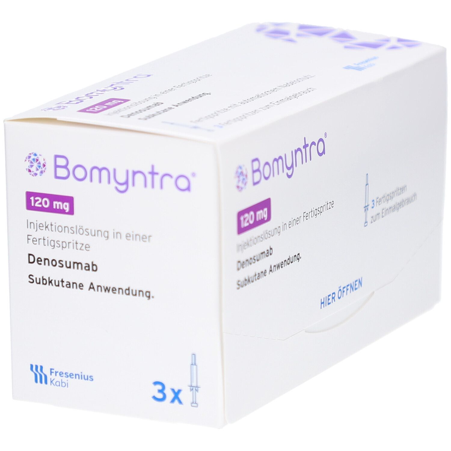 Schachtel Bomyntra 120 mg Injektionslösung. Enthält 3 Fertigspritzen. Perspektivische Ansicht.
