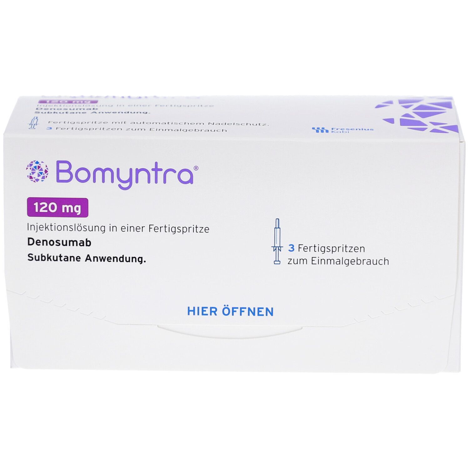 Weiße Schachtel mit Bomyntra 120 mg Injektionslösung. Enthält 3 Fertigspritzen. Aufschrift: Hier öffnen.