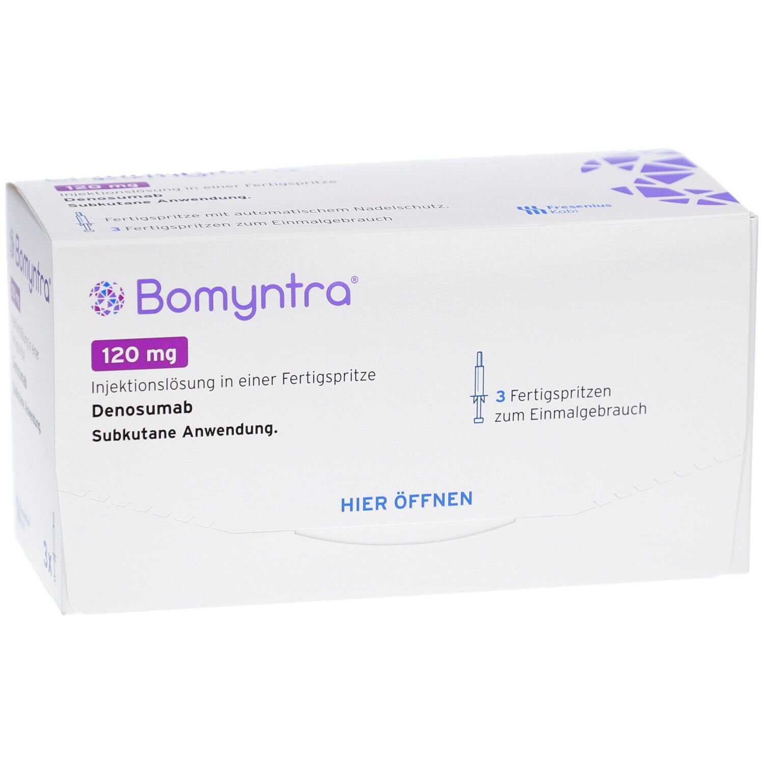 Weiße Schachtel mit Bomyntra 120 mg Injektionslösung. Enthält 3 Fertigspritzen. Aufschrift: Hier öffnen.