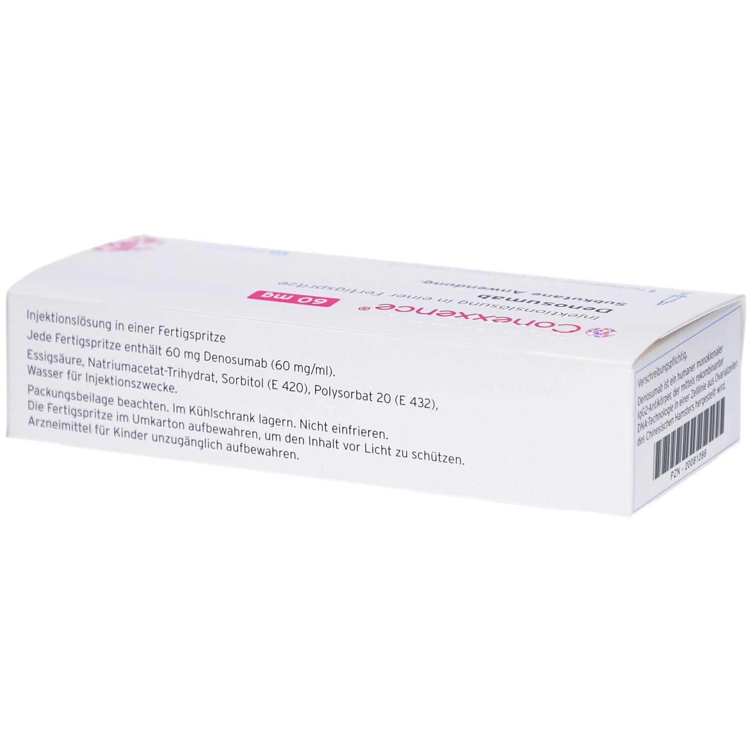Weiße Produktverpackung mit Text und Logo. Aufschrift: CONEXXENCE 60 mg. Enthält Informationen zur Injektionslösung.