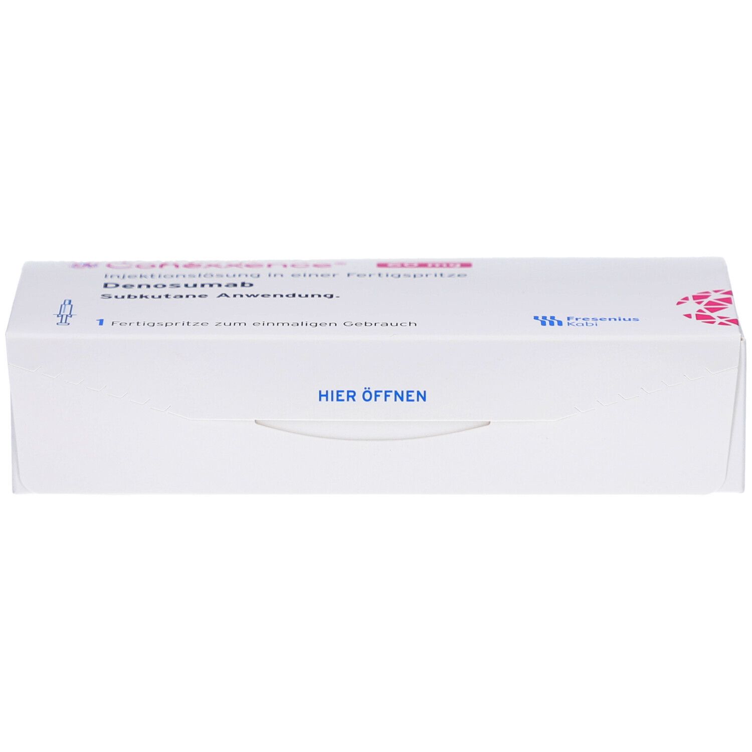 Weiße Produktverpackung mit Text und Logo. Aufschrift: CONEXXENCE. "Hier öffnen". Enthält eine Fertigspritze.