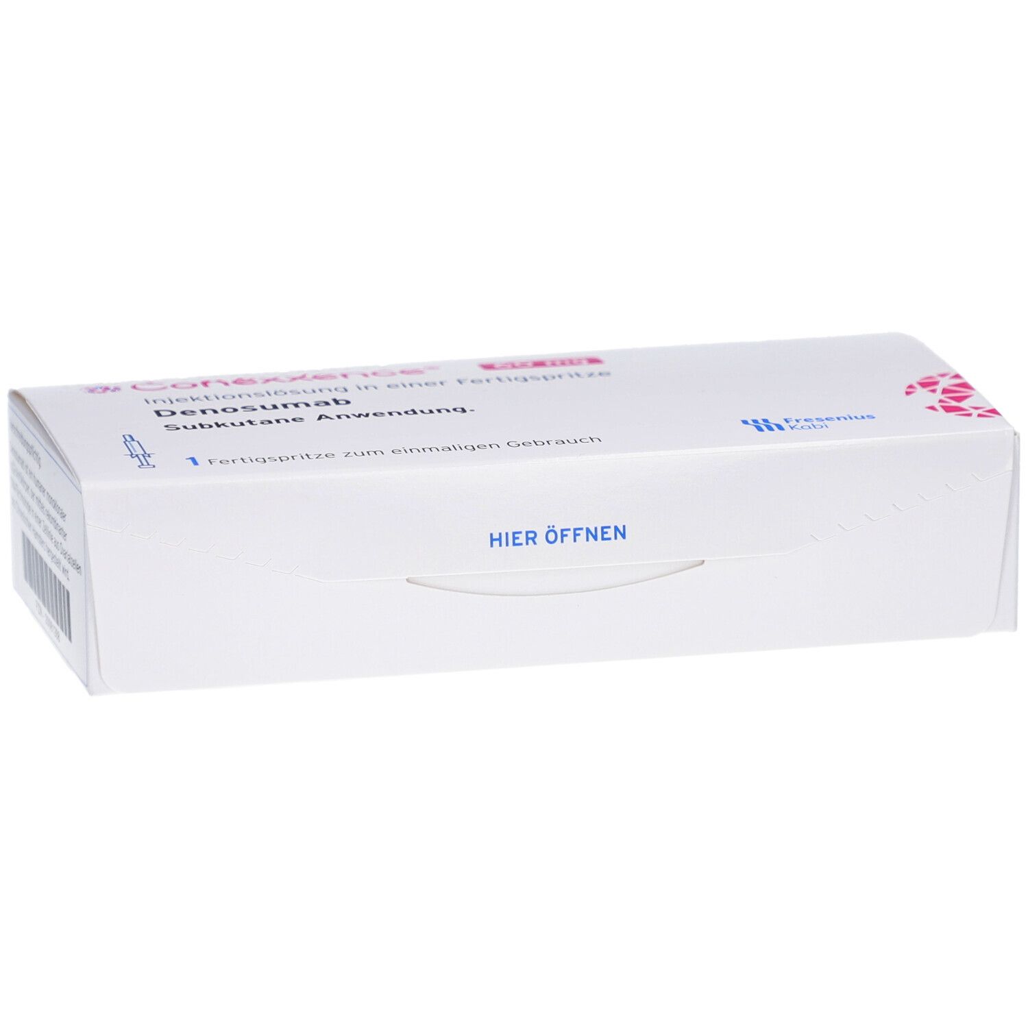 Weiße Produktverpackung mit Text und Logo. Aufschrift: CONEXXENCE. "Hier öffnen". Enthält eine Fertigspritze.