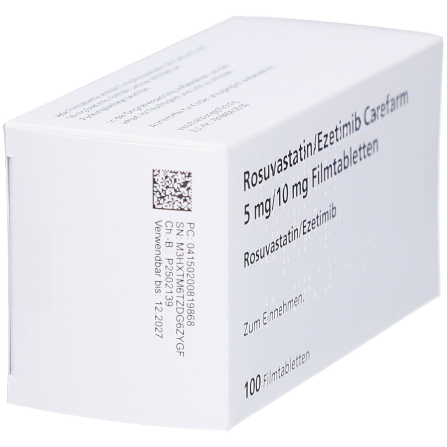 Schräg gestellte Arzneimittelverpackung. Aufschrift: Rosuvastatin/Ezetimib Carefarm 5 mg/10 mg Filmtabletten. 100 Filmtabletten. QR-Code.