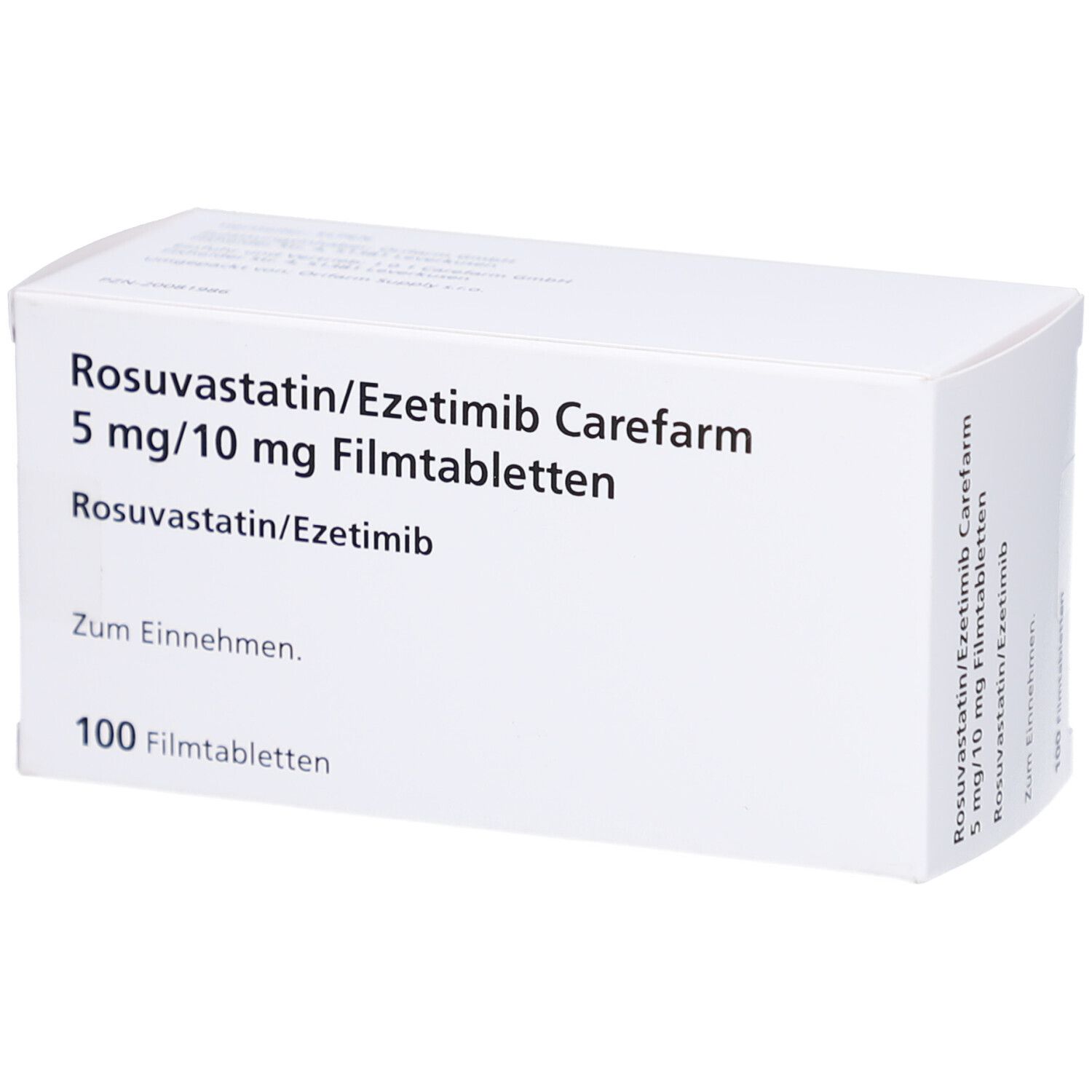 Weiße Arzneimittelverpackung. Aufschrift: Rosuvastatin/Ezetimib Carefarm 5 mg/10 mg Filmtabletten. 100 Filmtabletten.