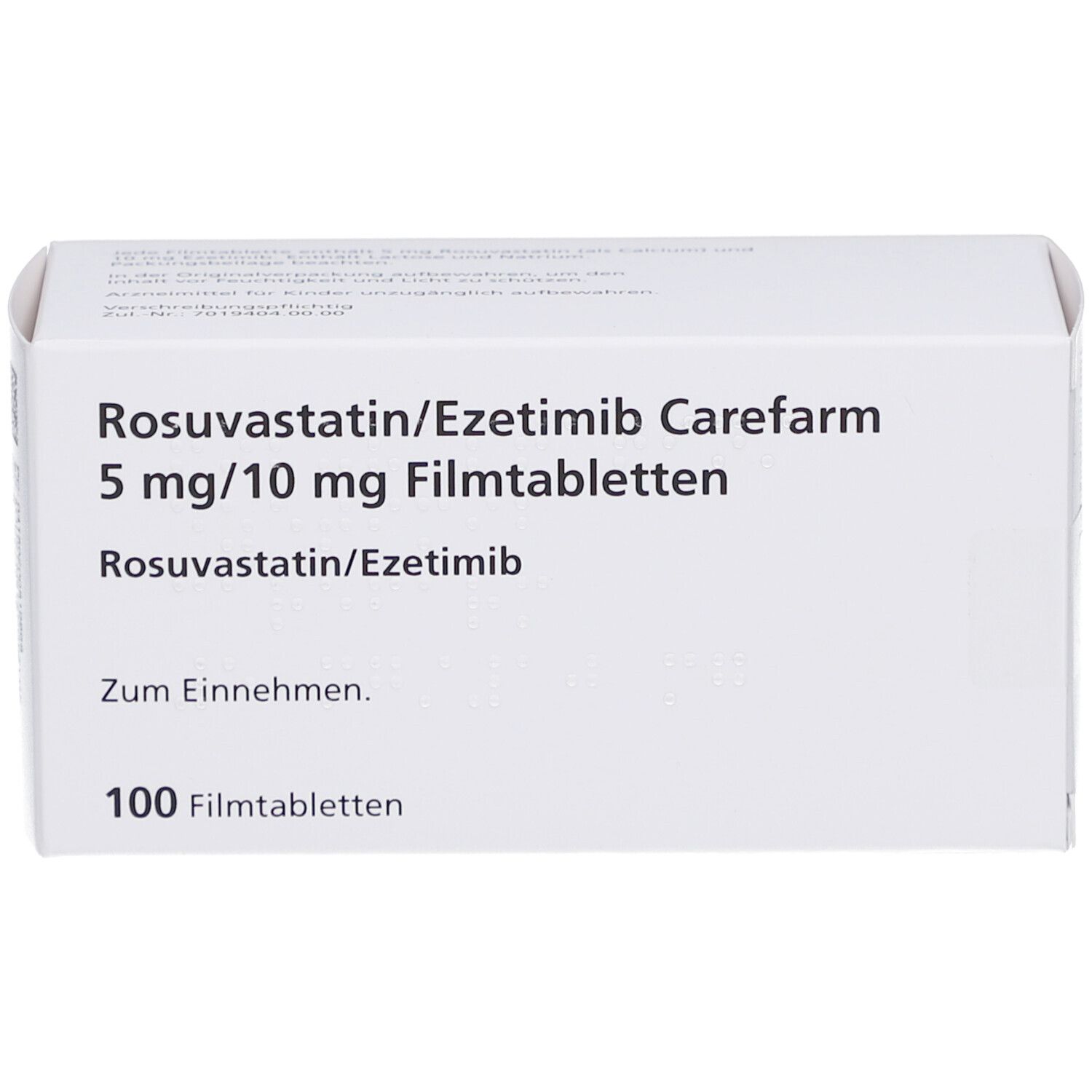 Weiße Arzneimittelverpackung. Aufschrift: Rosuvastatin/Ezetimib Carefarm 5 mg/10 mg Filmtabletten. 100 Filmtabletten.
