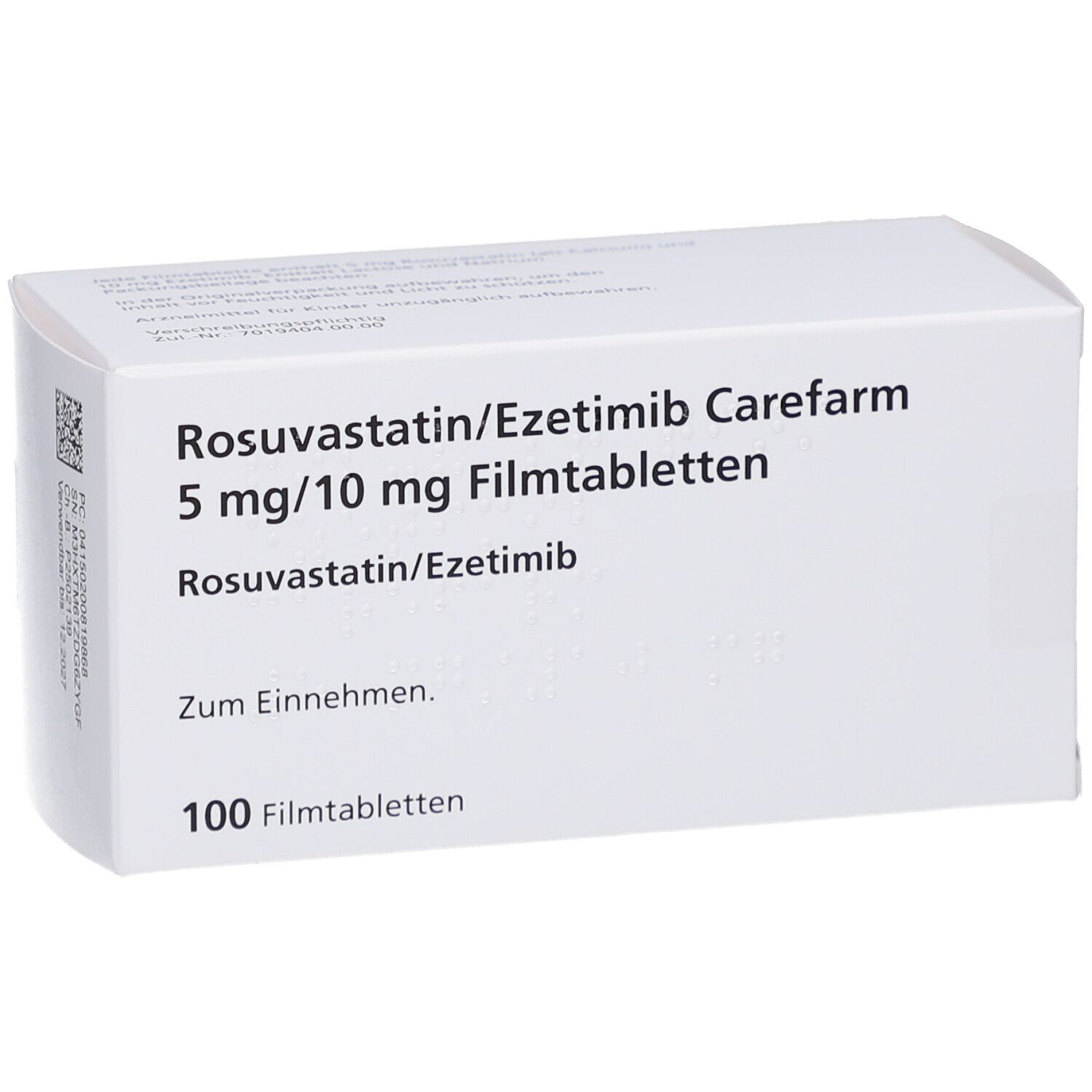 Weiße Arzneimittelverpackung. Aufschrift: Rosuvastatin/Ezetimib Carefarm 5 mg/10 mg Filmtabletten. 100 Filmtabletten.