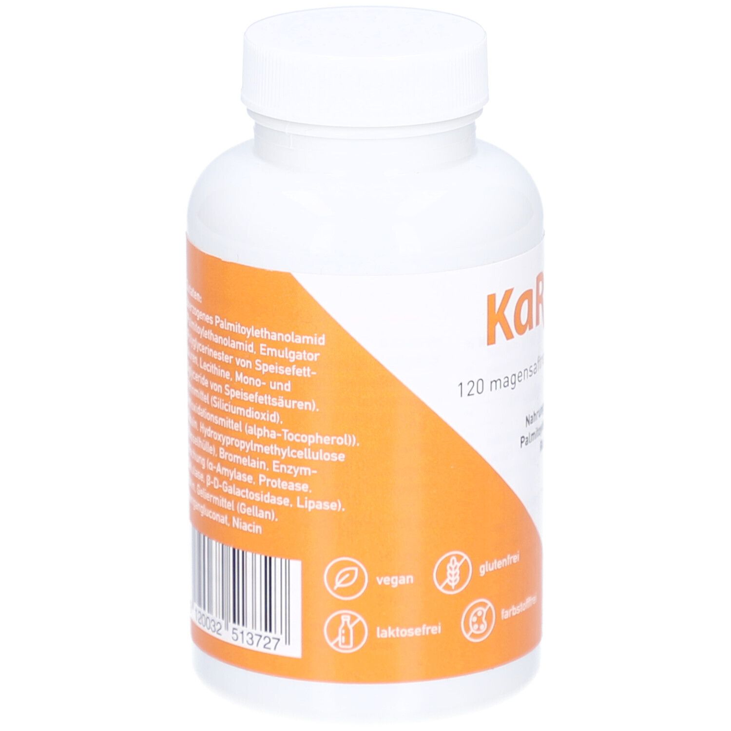 Rückseite der weißen Flasche. Aufkleber mit Inhaltsstoffen, vegan- und glutenfrei-Symbolen, sowie Barcode.