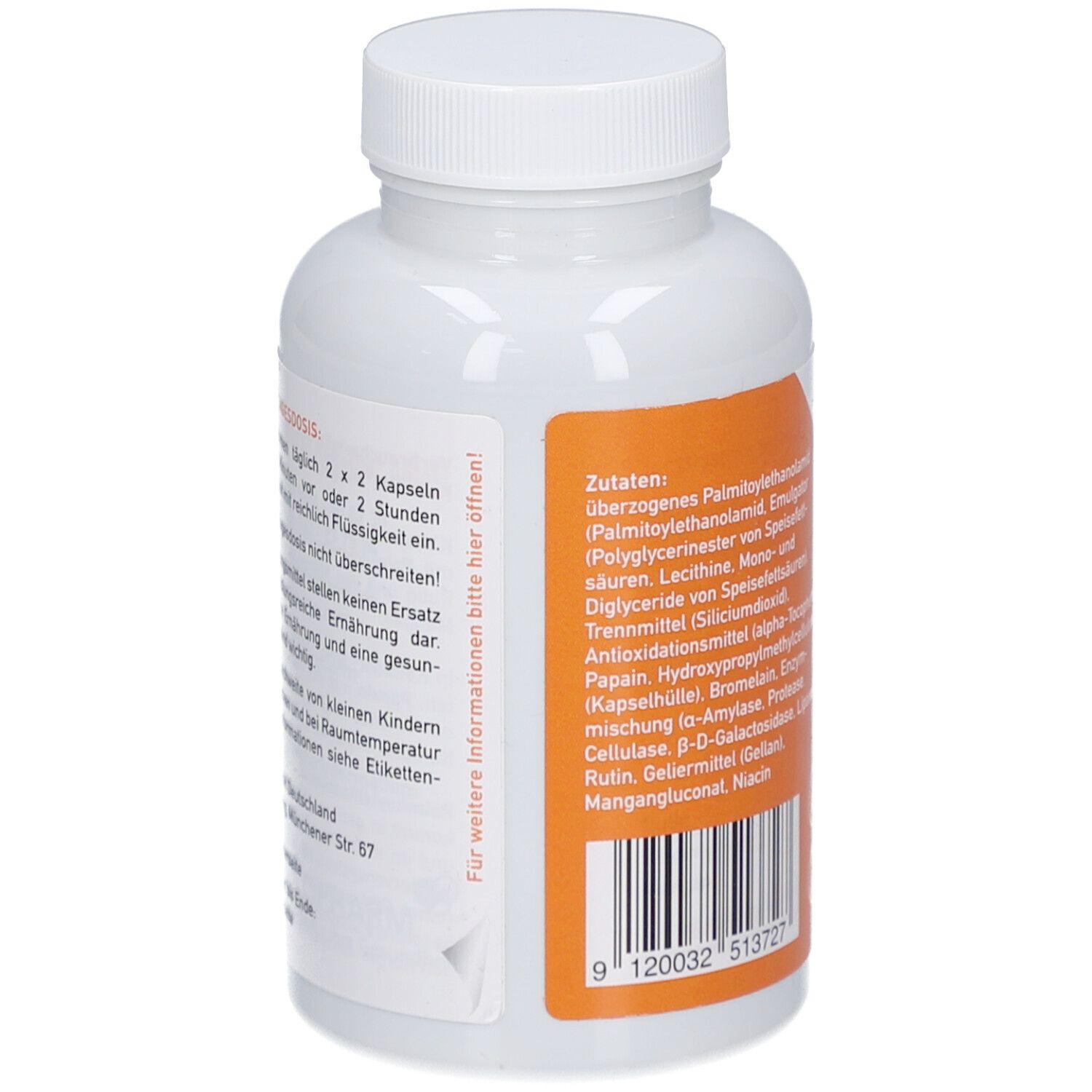 Rückseite der weißen Flasche. Aufkleber mit Zutaten, Gebrauchsanweisung und Herstellerinformationen.