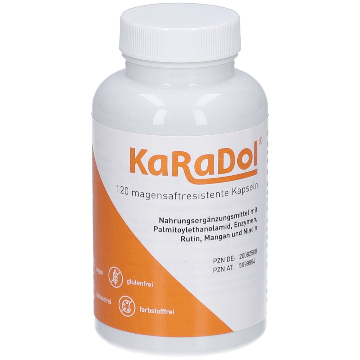 Weiße Flasche mit Schraubverschluss. Aufkleber mit Produktnamen und Inhaltsstoffen. 120 magensaftresistente Kapseln.