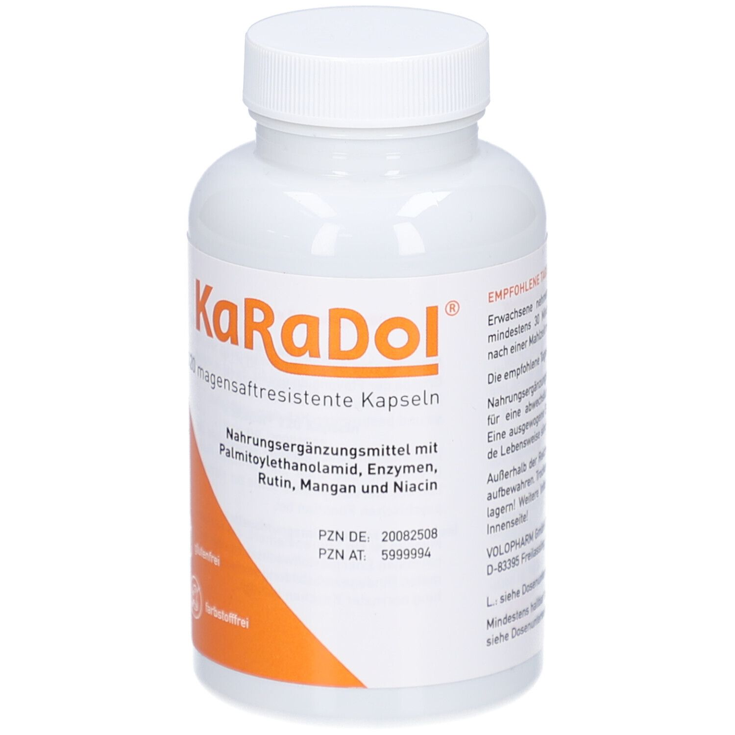 Weiße Flasche mit Schraubverschluss. Aufkleber mit Produktnamen, Inhaltsstoffen und Dosierungsempfehlung.