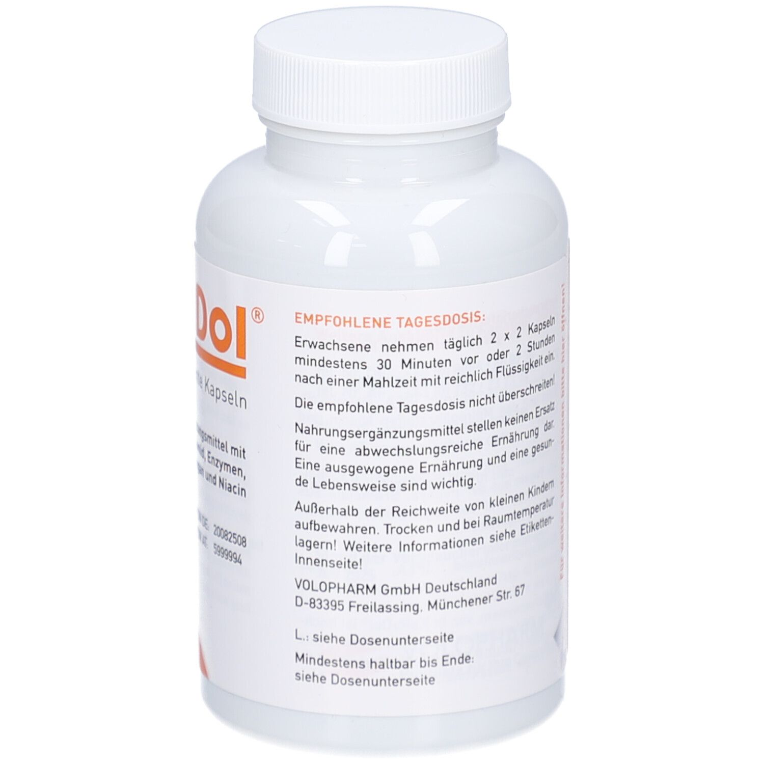 Weiße Flasche mit Schraubverschluss. Aufkleber mit Produktnamen, Inhaltsstoffen und Dosierungsempfehlung.