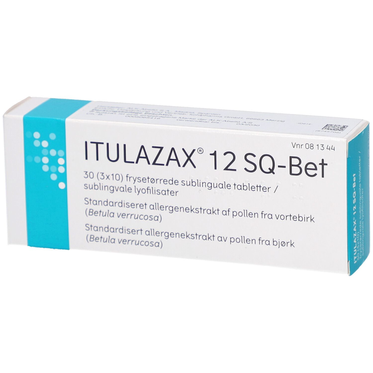Schachtel mit ITULAZAX 12 SQ-Bet. Text in Deutsch und Dänisch. Türkis-weiße Verpackung.