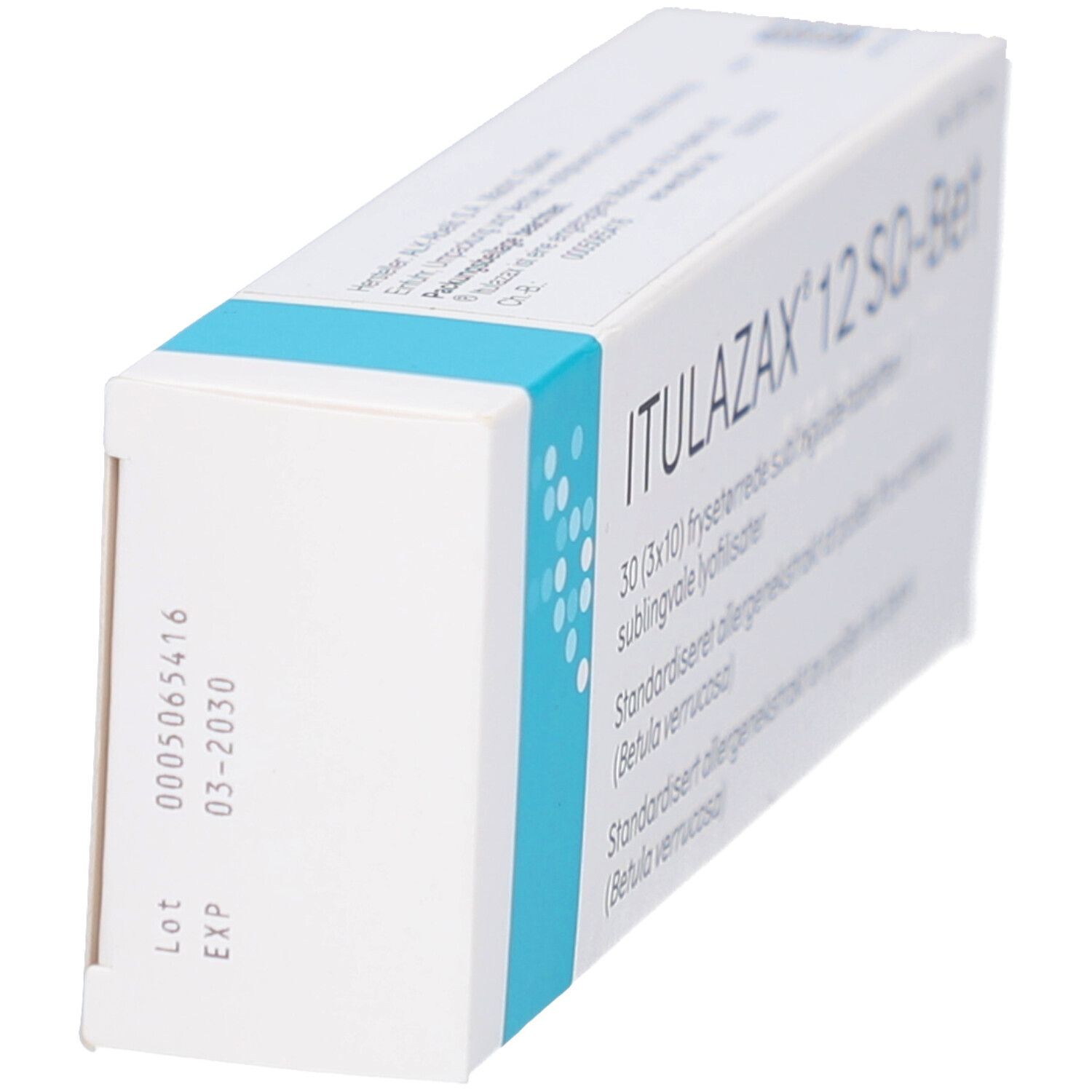 Seitenansicht der ITULAZAX 12 SQ-Bet-Verpackung. Türkis-weiße Schachtel mit Text und Datumsangaben.