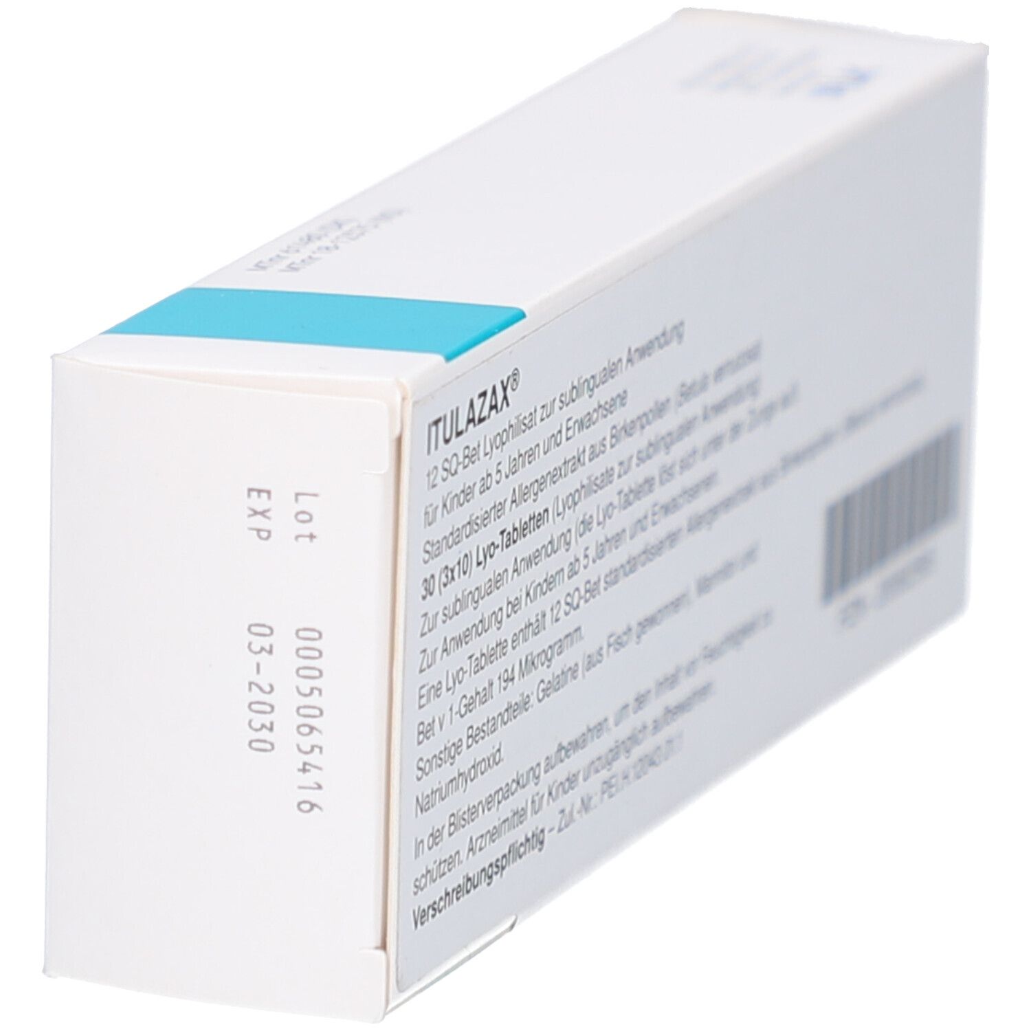 Seitenansicht der ITULAZAX 12 SQ-Bet-Verpackung. Türkis-weiße Schachtel mit Text und Datumsangaben.