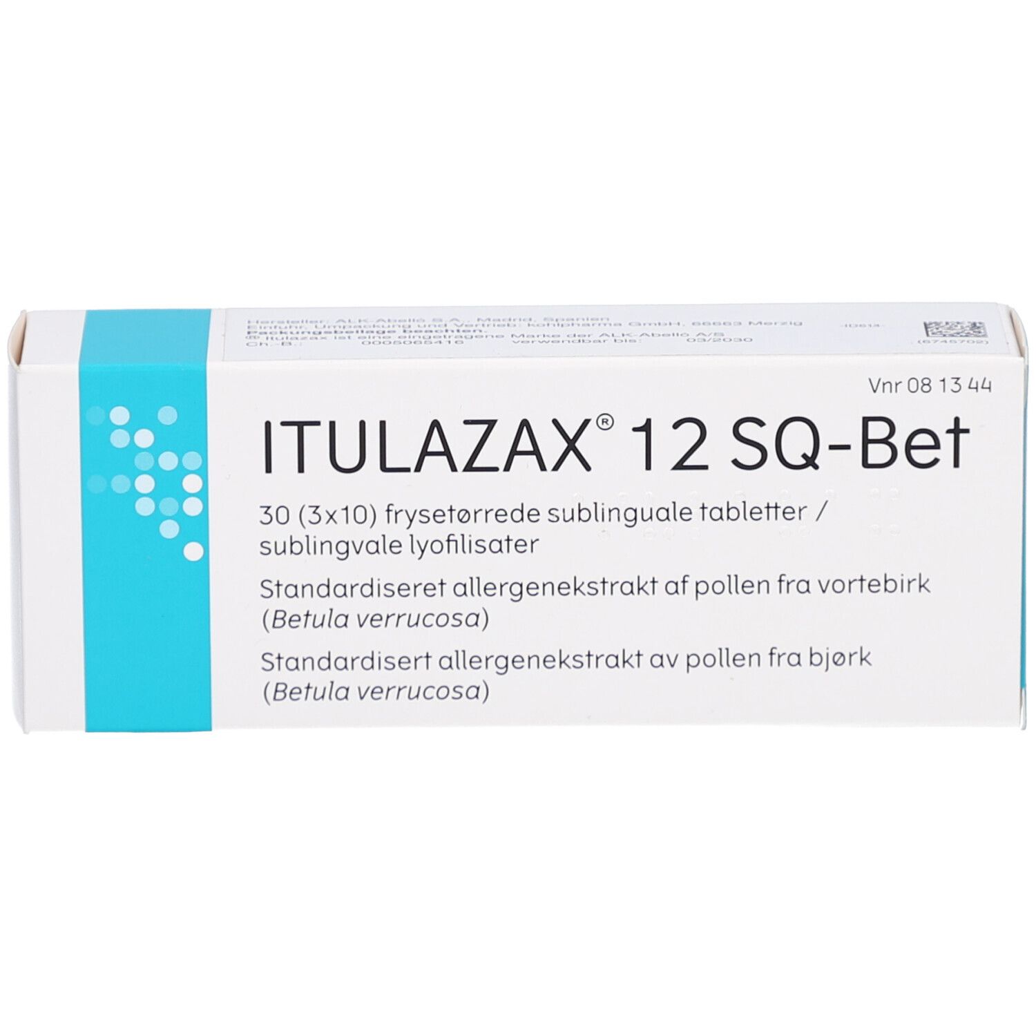 ITULAZAX 12 SQ-Bet-Verpackung. Türkis-weiße Schachtel mit Text in Deutsch und Dänisch.