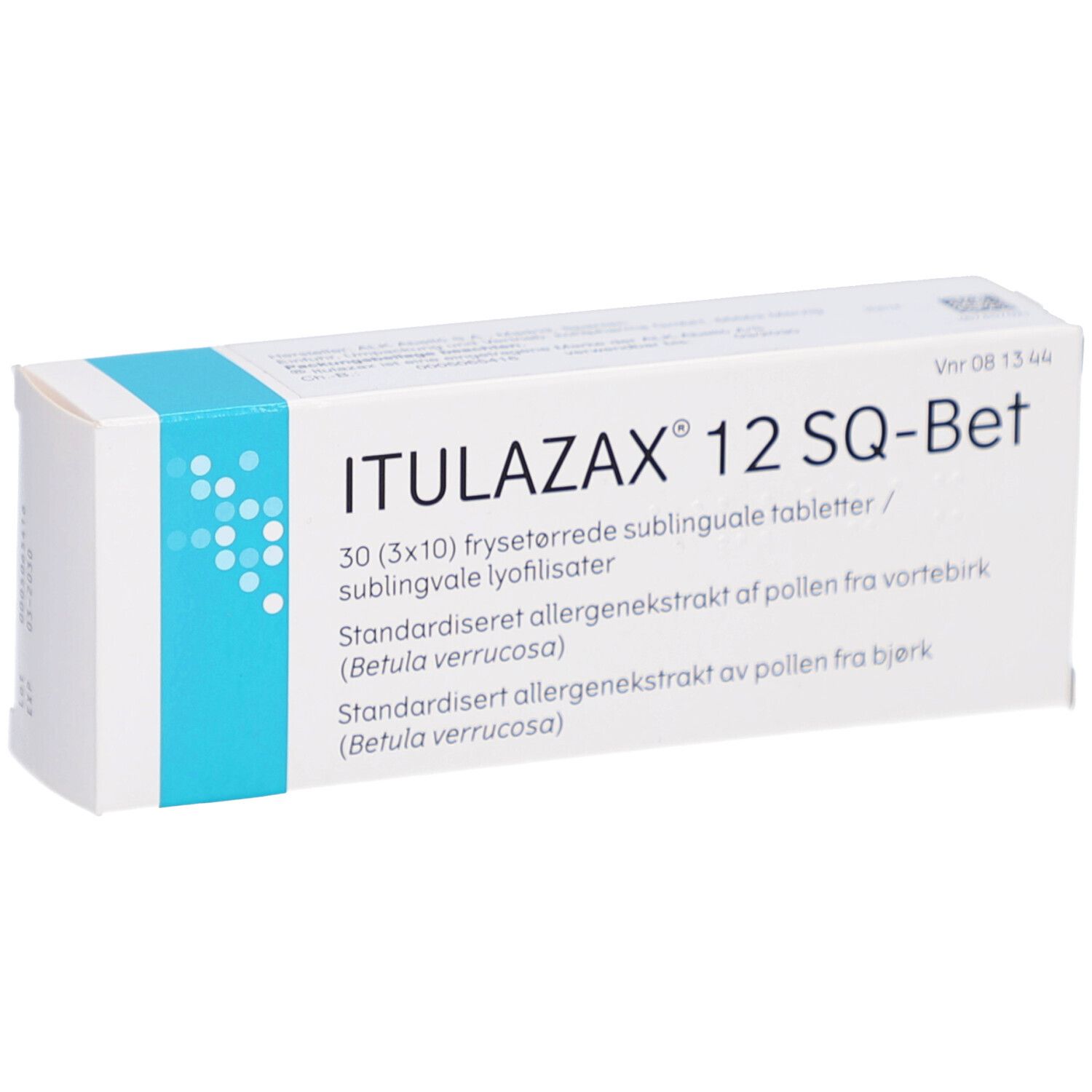 ITULAZAX 12 SQ-Bet-Verpackung. Türkis-weiße Schachtel mit Text in Deutsch und Dänisch.