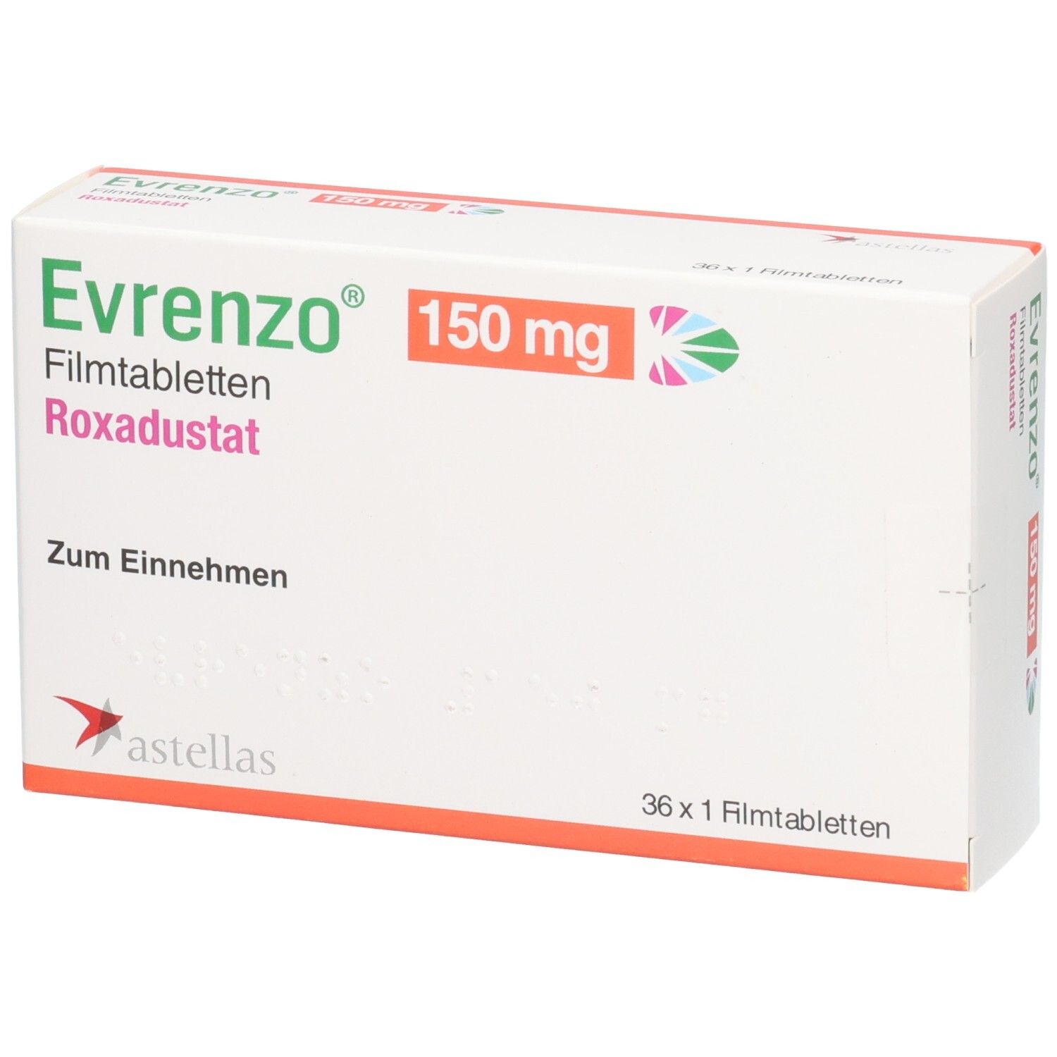 Evrenzo 150 mg Filmtabletten Roxadustat Verpackung. Enthält 36 Filmtabletten.