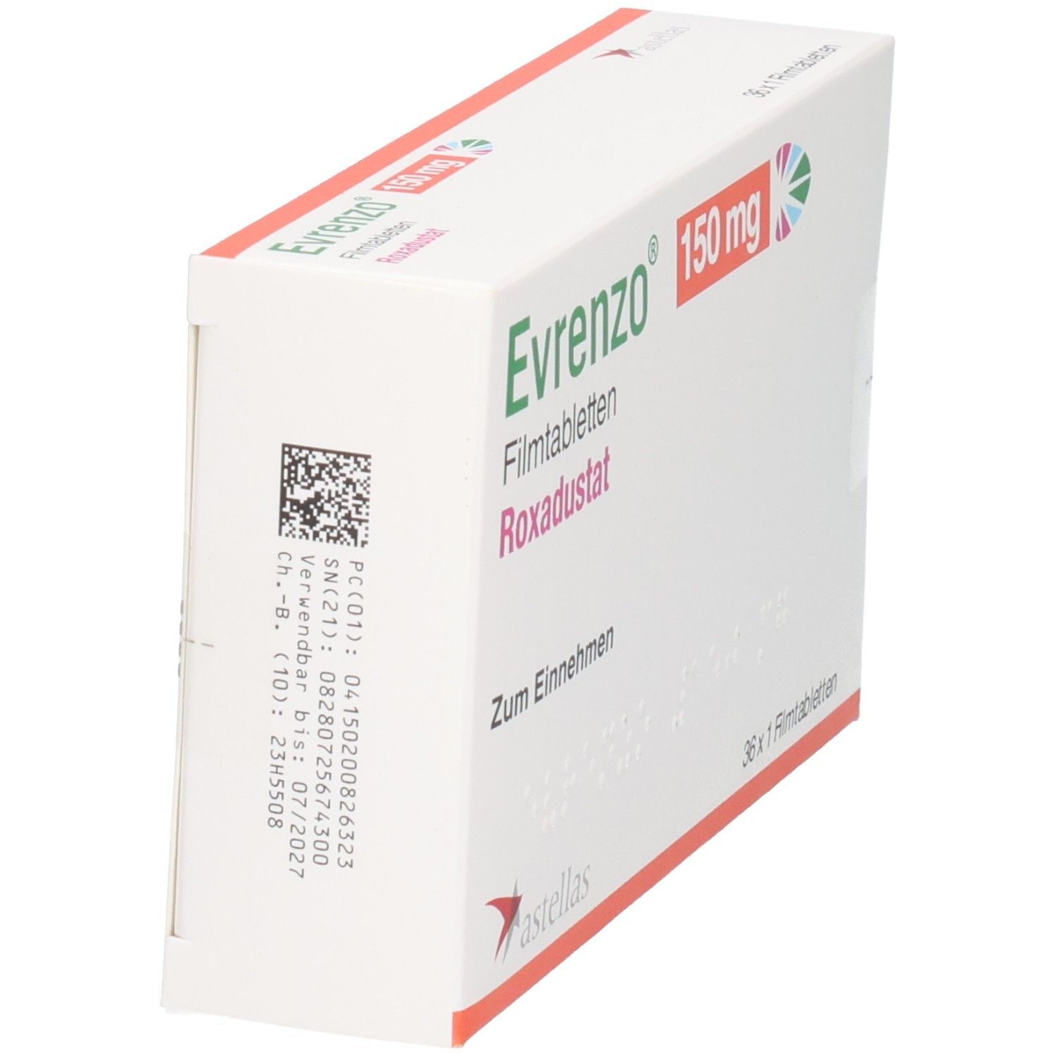 Evrenzo 150 mg Filmtabletten Roxadustat Verpackung, Seitenansicht mit Chargennummer und Verfallsdatum.
