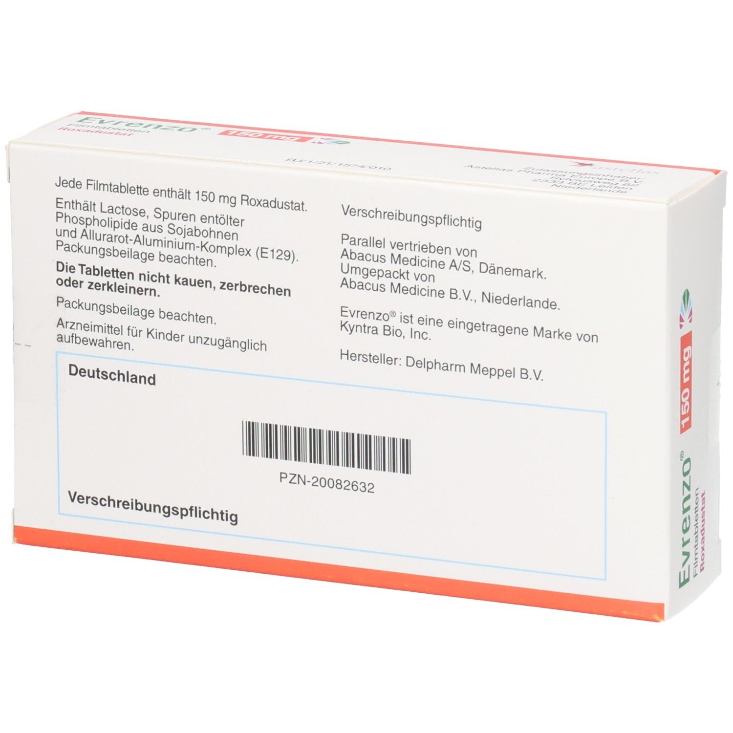 Rückseite der Evrenzo 150 mg Filmtabletten Roxadustat Verpackung mit Produktinformationen und PZN.