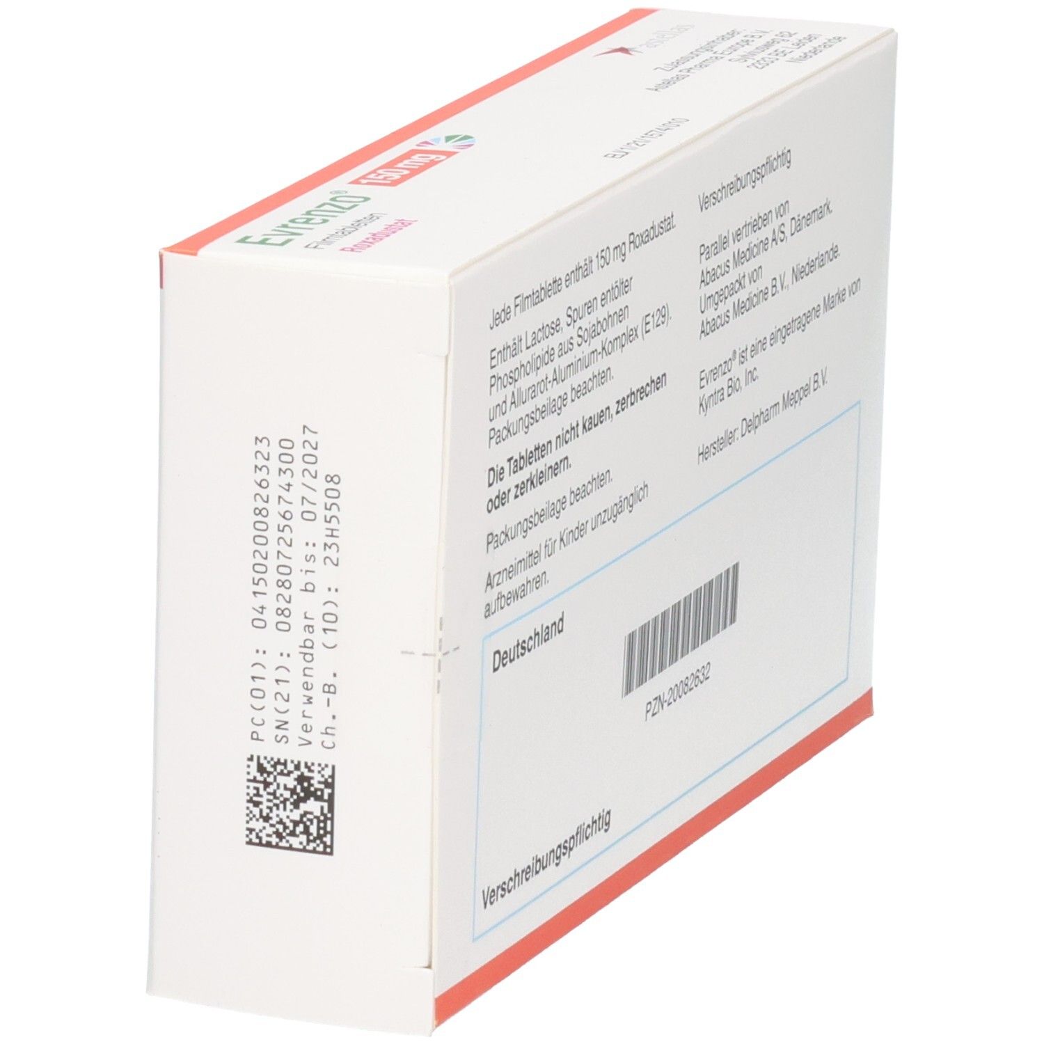 Evrenzo 150 mg Filmtabletten Roxadustat Verpackung, Seitenansicht mit Chargennummer und Verfallsdatum.