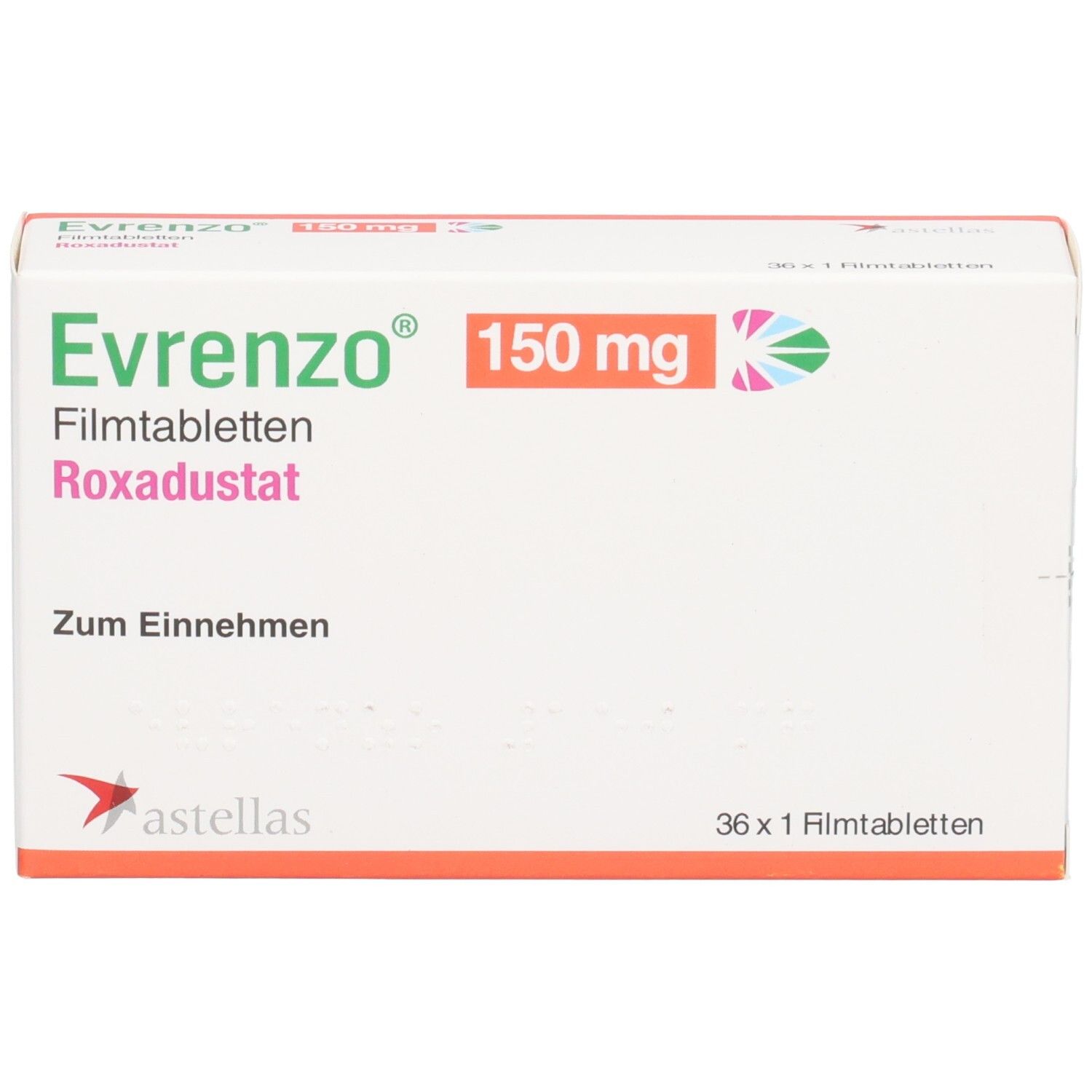 Evrenzo 150 mg Filmtabletten Roxadustat Verpackung. Enthält 36 Filmtabletten.