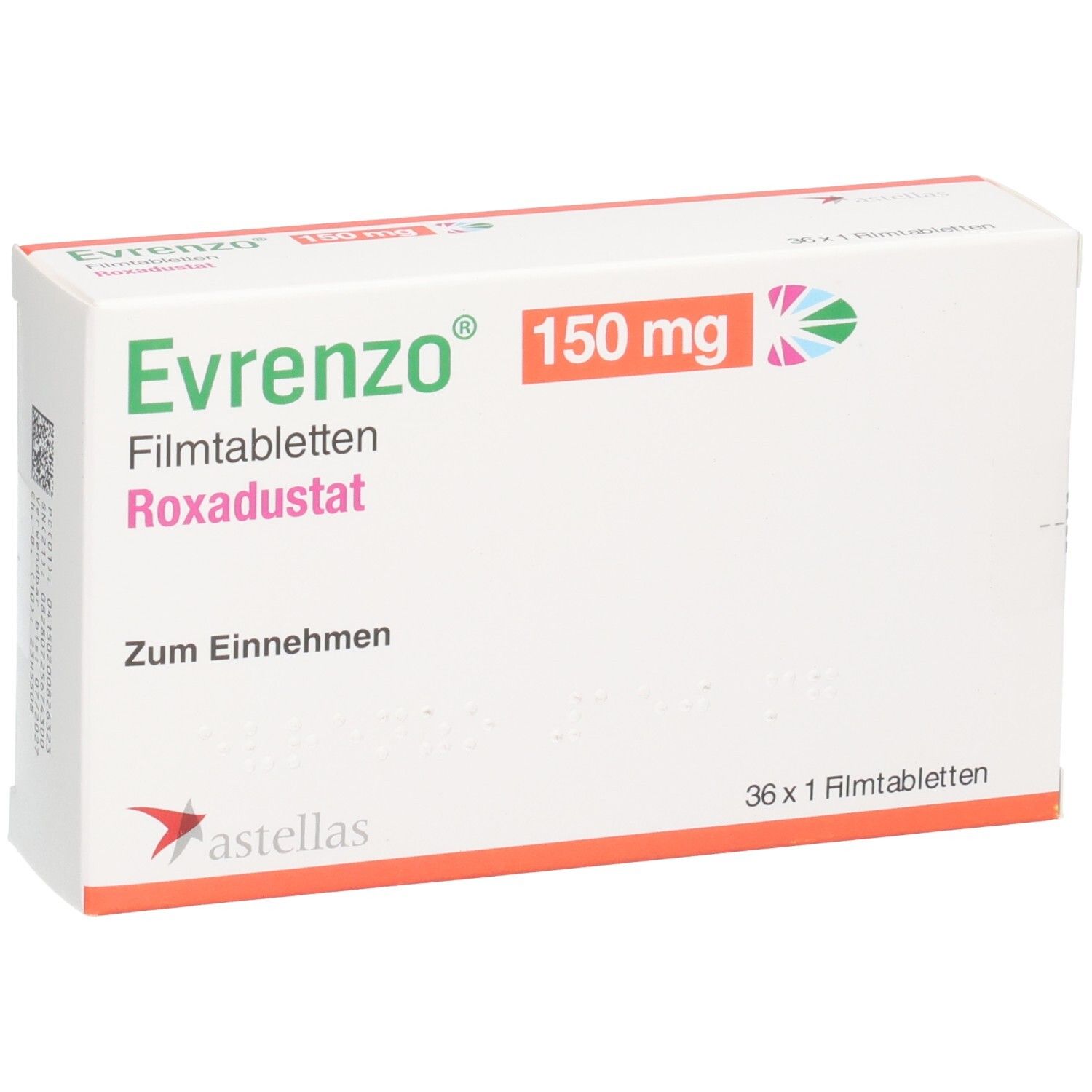 Evrenzo 150 mg Filmtabletten Roxadustat Verpackung. Enthält 36 Filmtabletten.