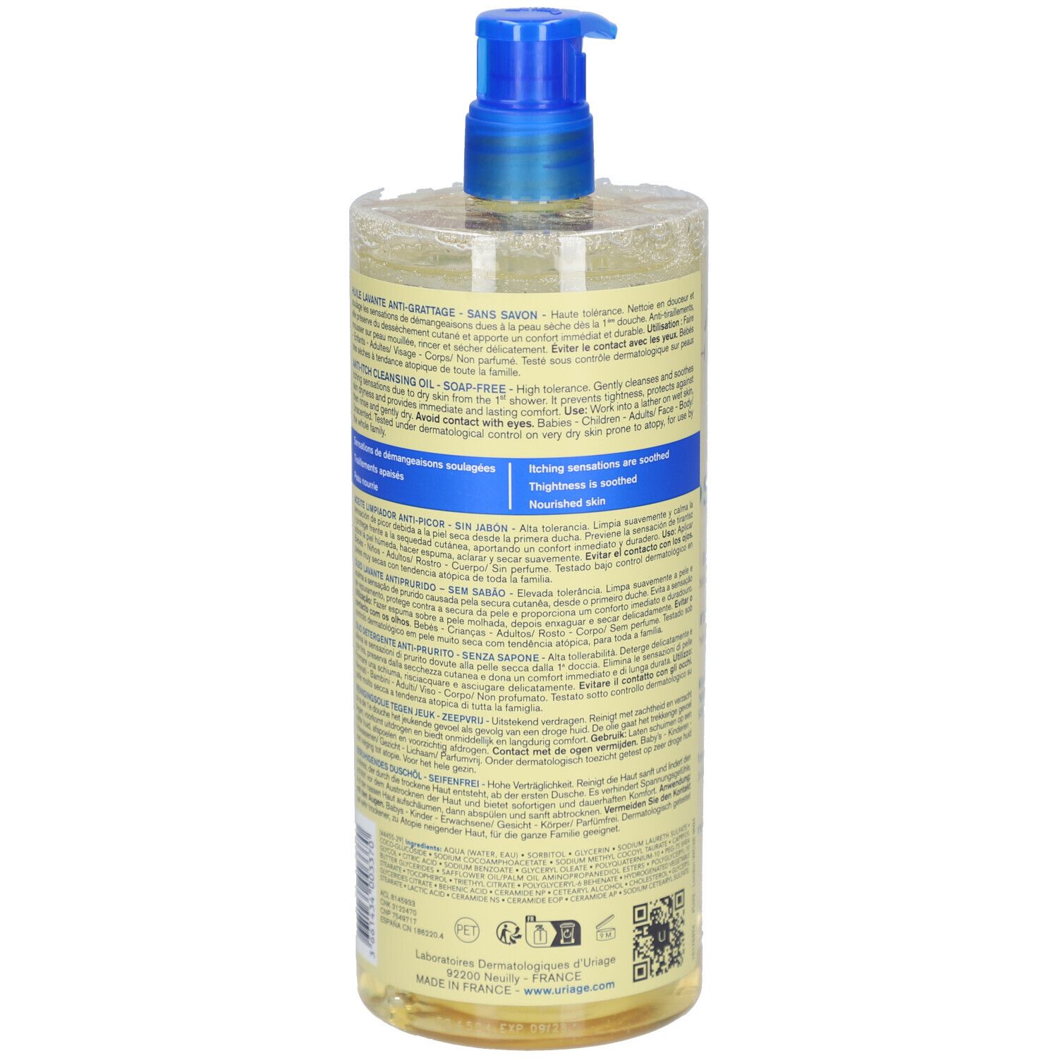 Rückseite der Flasche mit Produktinformationen. Text in verschiedenen Sprachen, QR-Code und Logo.