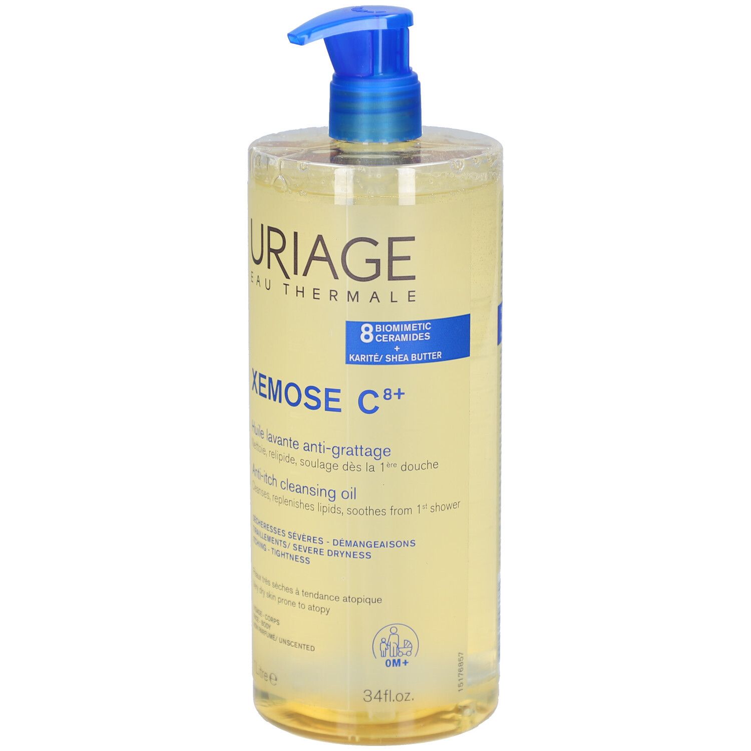 Durchsichtige Flasche mit blauem Pumpkopf. URIAGE, XEMOSE C8+ und weitere Produktinformationen sind aufgedruckt.