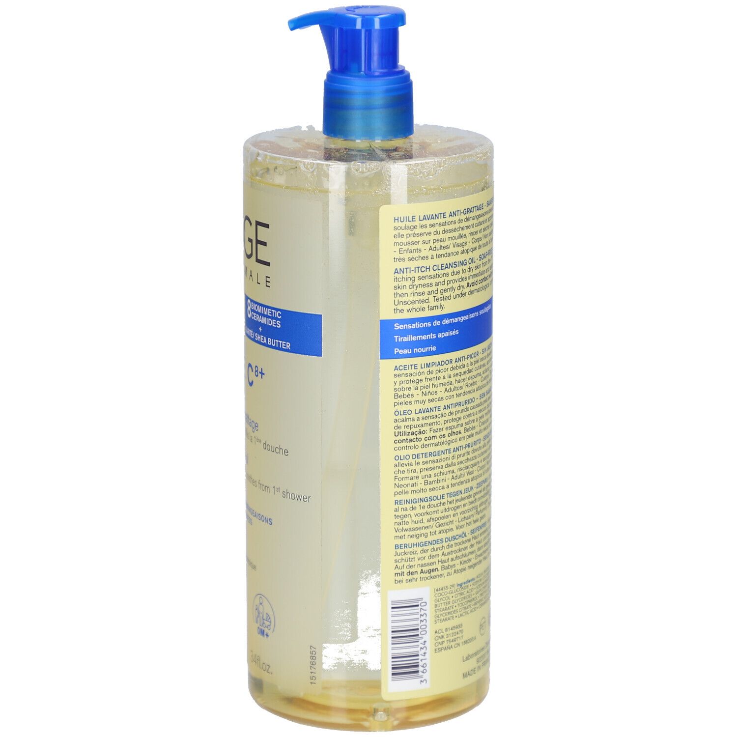 Durchsichtige Flasche mit blauem Pumpkopf. Produktinformationen und Text auf der Rückseite der Flasche.