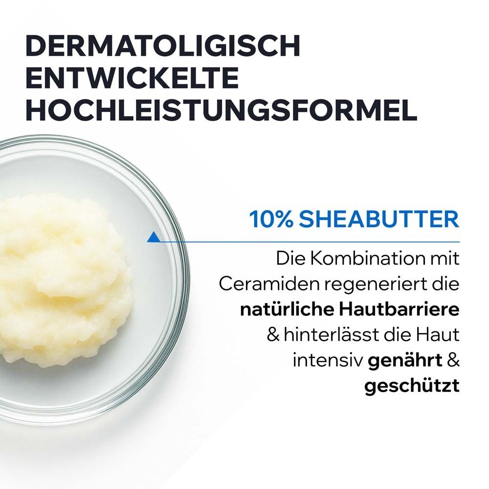 Schüssel mit Creme. Text: Dermatologisch entwickelte Hochleistungsformel. 10% Sheabutter. Regeneriert die natürliche Hautbarriere.