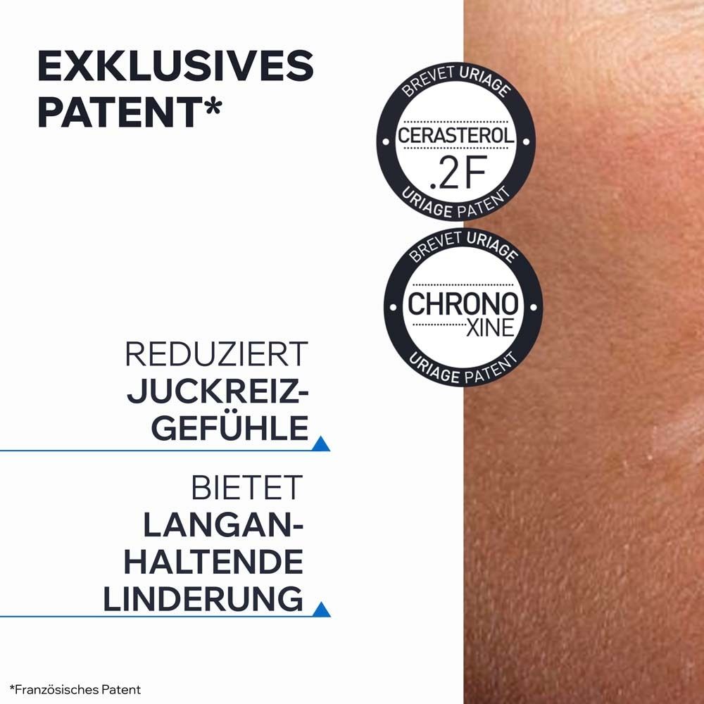 Grafik mit Logos. Text: Exklusives Patent. Reduziert Juckreiz. Bietet langanhaltende Linderung.