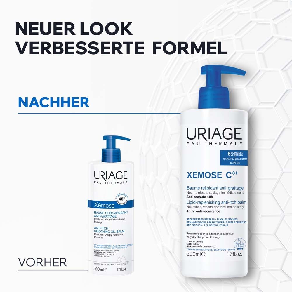 Weiße Flasche mit blauem Pumpkopf. Uriage Xémose C8+ Balsam.