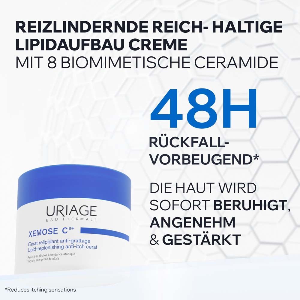Text mit Produktinformationen. Uriage Xémose C8+ Creme. 48h Rückfall-vorbeugend. Beruhigt, angenehm & gestärkt.