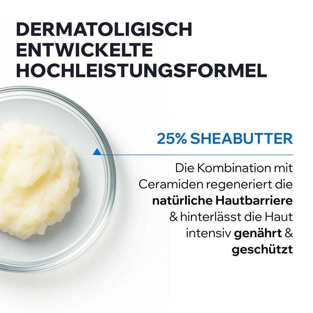 Creme in Glasschale. 25% Sheabutter. Kombination mit Ceramiden regeneriert die Hautbarriere.