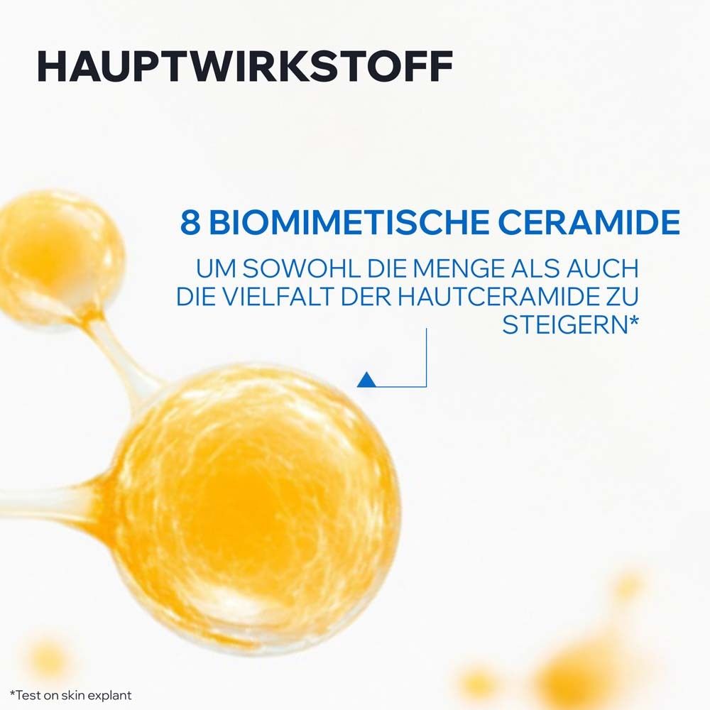 Gelbe Kugeln. Text: 8 biomimetische Ceramide. Hauptwirkstoff. Steigert Menge und Vielfalt der Hautceramide.
