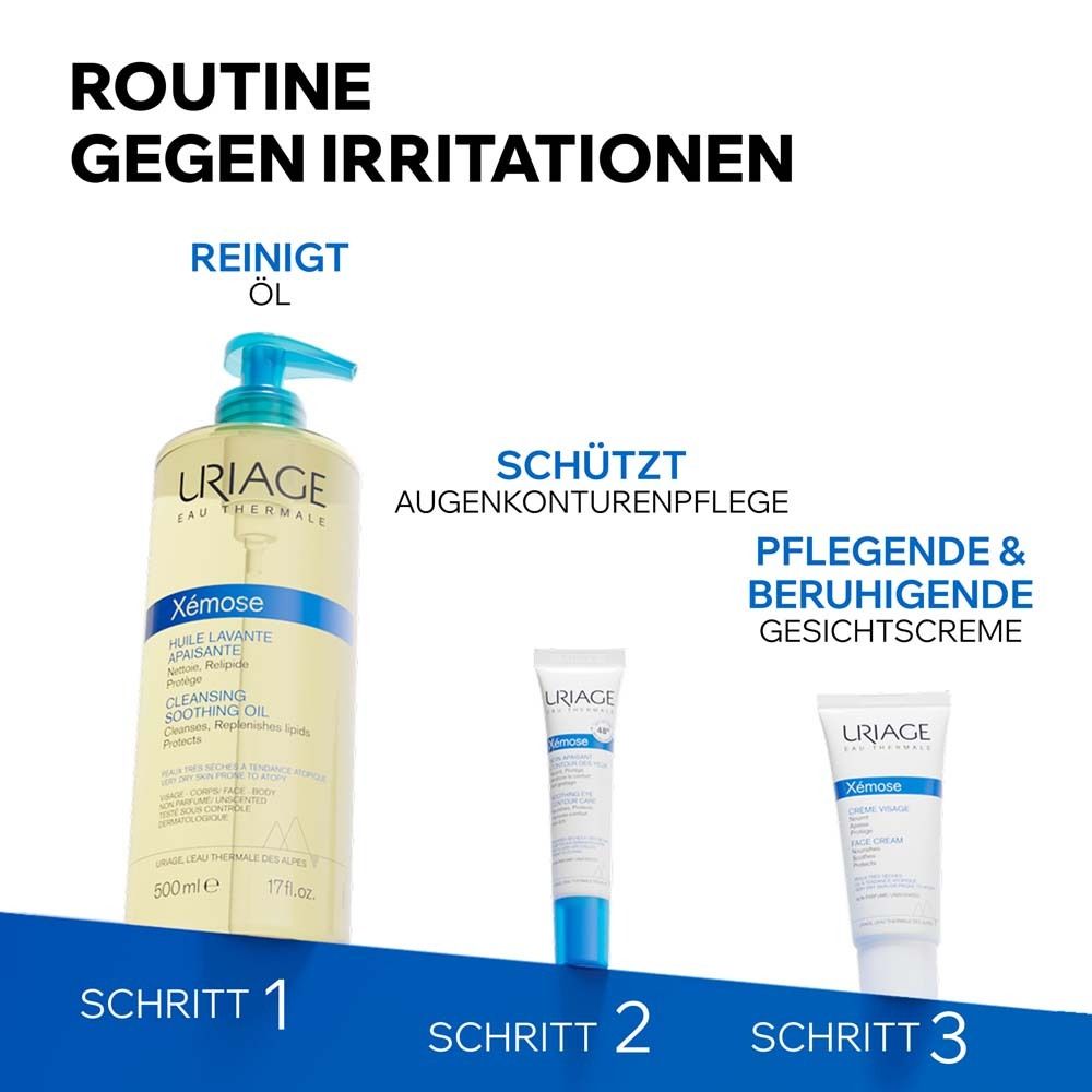Produktreihe. Text: Uriage Xémose. Reinigungsöl, Augenpflege, Gesichtscreme. Schritte 1, 2, 3. Gegen Irritationen.