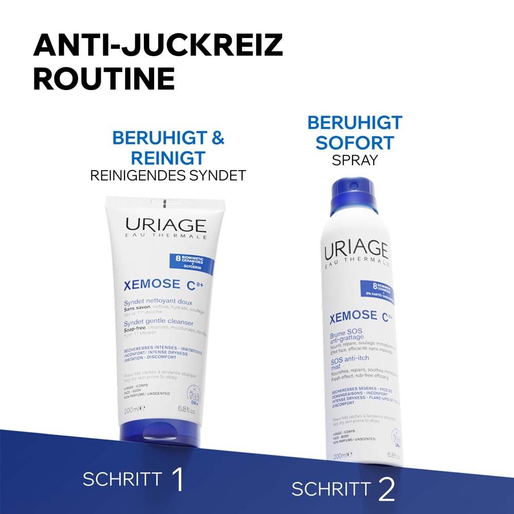 Anti-Juckreiz Routine. Uriage Xémose Reinigendes Syndet. Uriage Xémose SOS anti-itch Spray. Beruhigt & reinigt. Beruhigt sofort.
